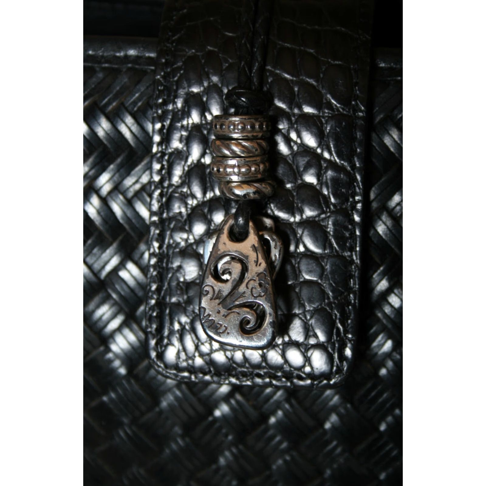 Brighton VINTAGE Brighton Shoulder Bag Black Leather Croc Embossed Plaid Lined Small Purse Size ONE SIZE - 3 Thumbnail