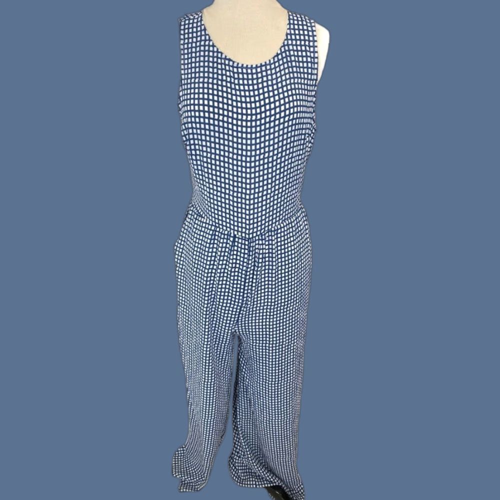 Vintage LUSH Check Jumpsuit One-Piece Crepe Sleeveless Medium White Blue Wide Leg Womens M Size 32" / US 10 / IT 46 - 1 Thumbnail