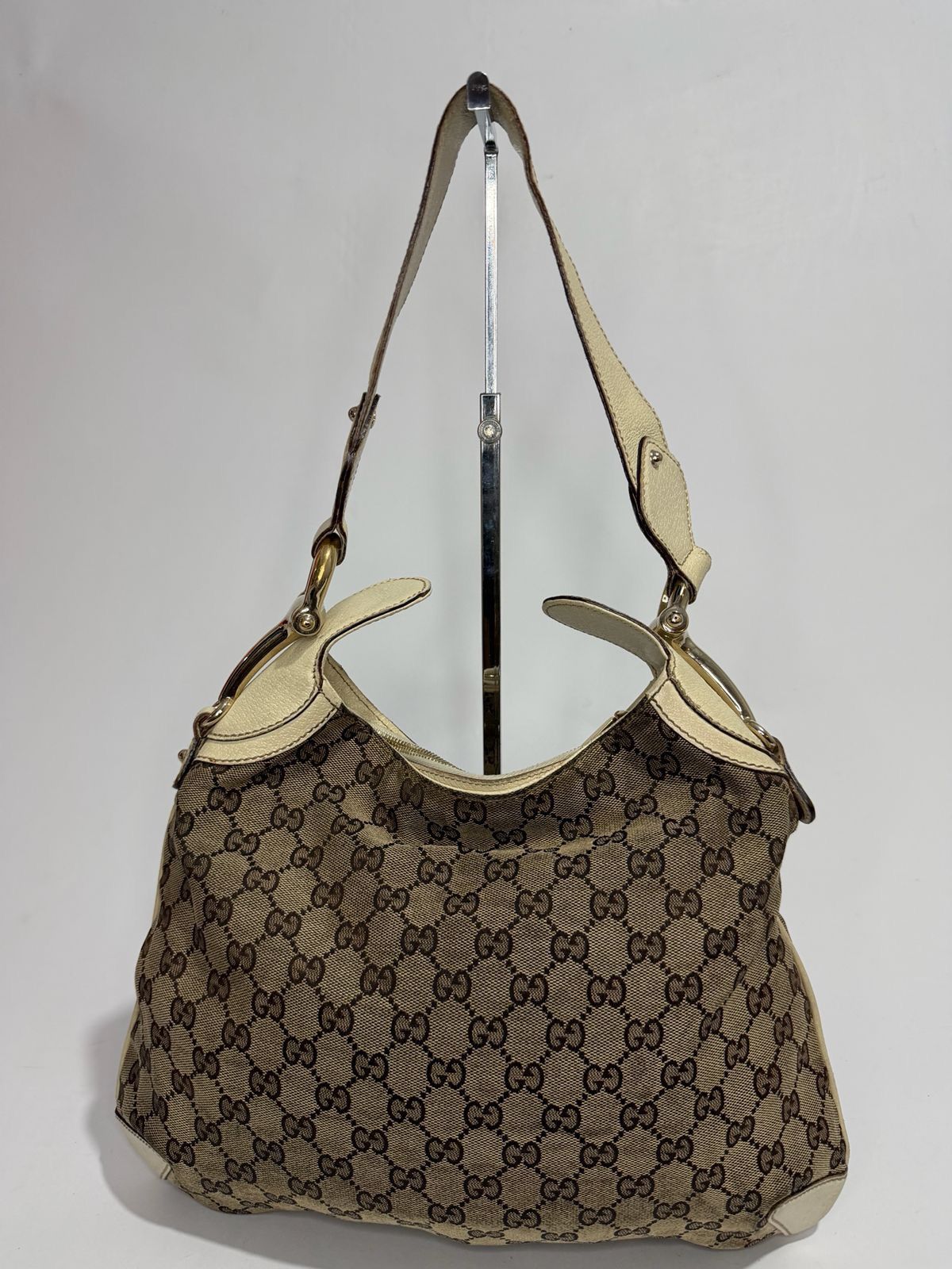 Gucci GUCCI Beige/White GG Canvas Horsebit Creole Hobo Bag Size ONE SIZE - 3 Thumbnail