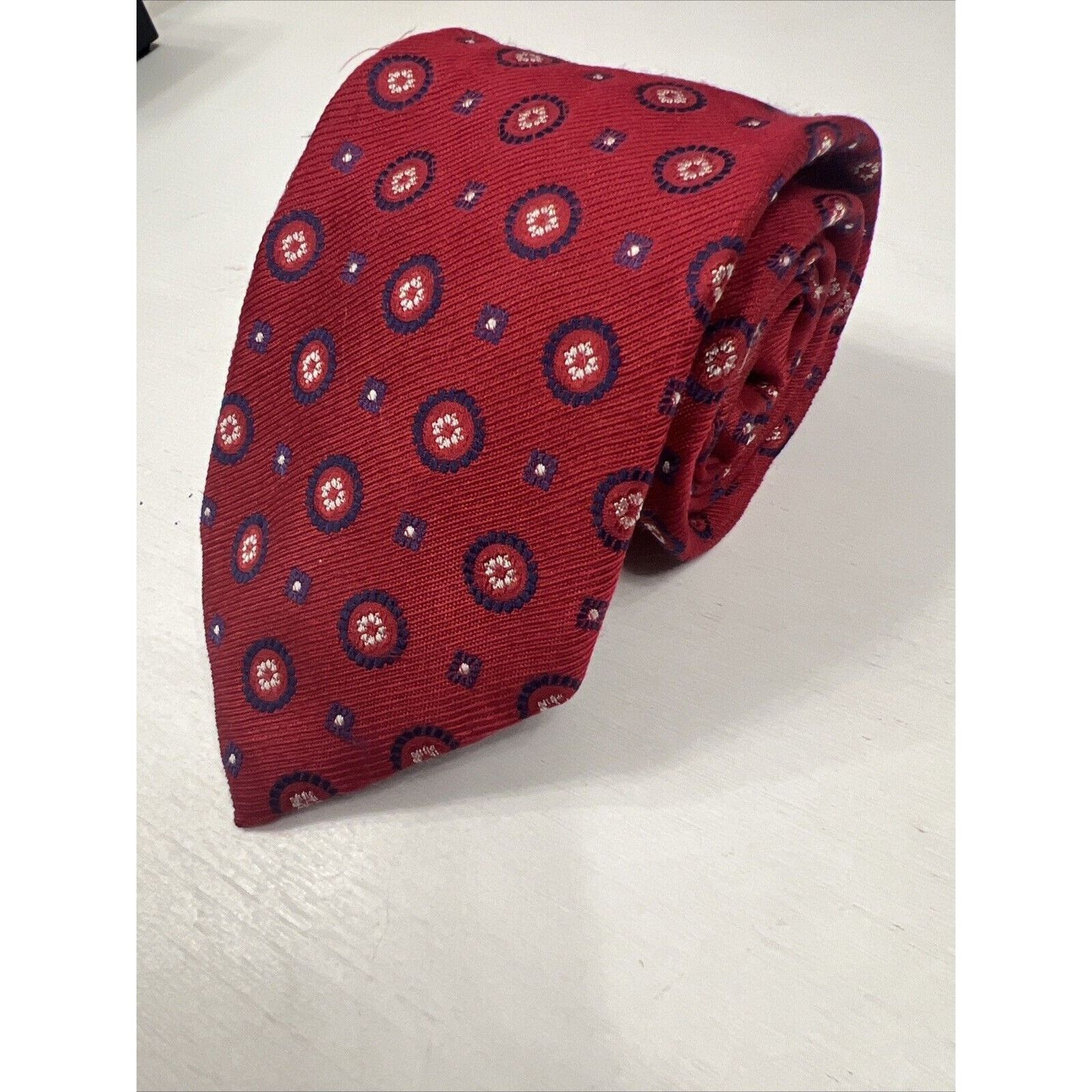 FrenchTrotters Dormeuil Red Geometric 100% Silk Tie w/ Classic Blue Accents Size ONE SIZE - 1 Thumbnail