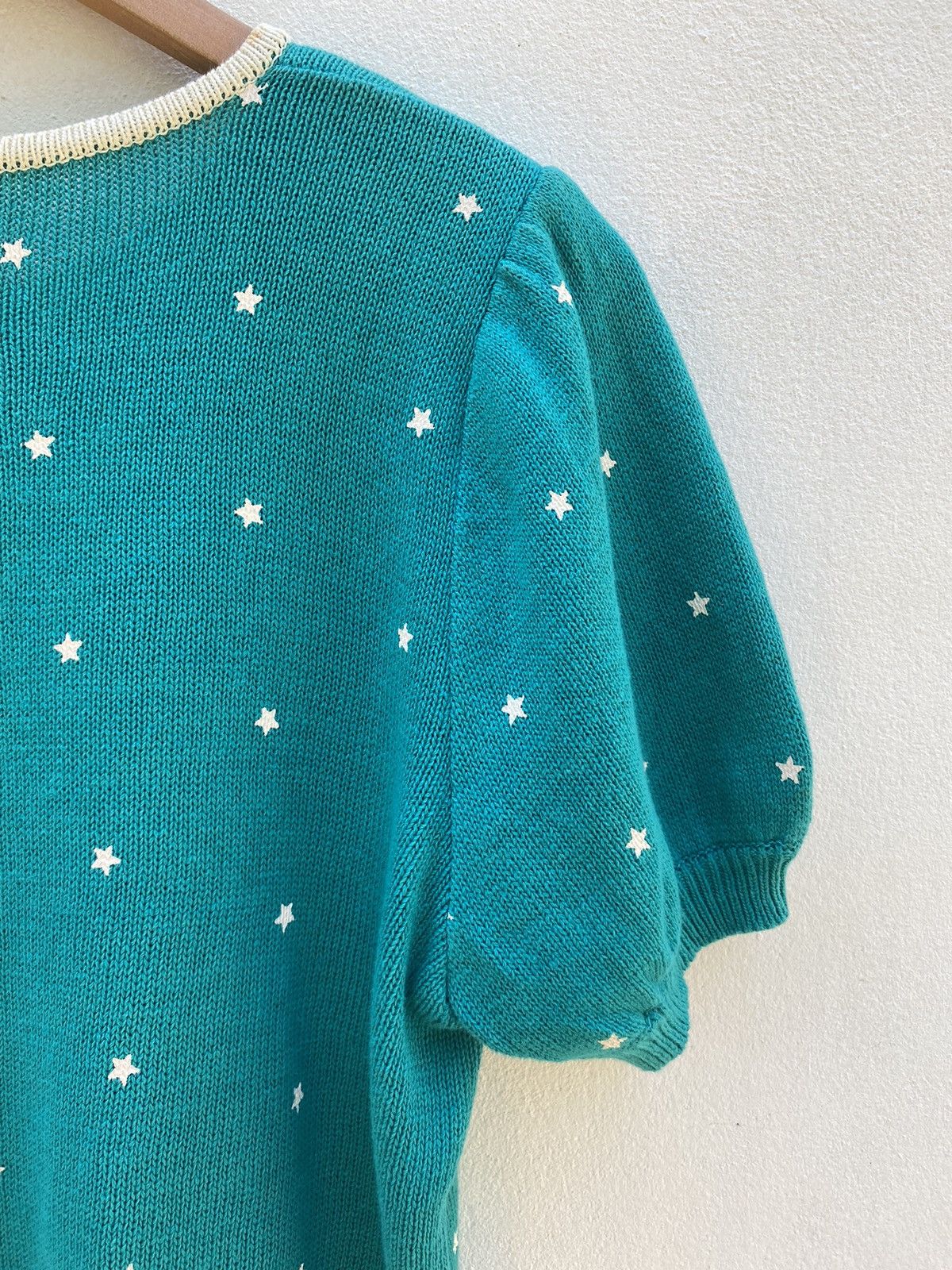 Vintage Paserio Teal Puff Sleeve Knit Top with Star Pattern Size S / US 4 / IT 40 - 22 Thumbnail