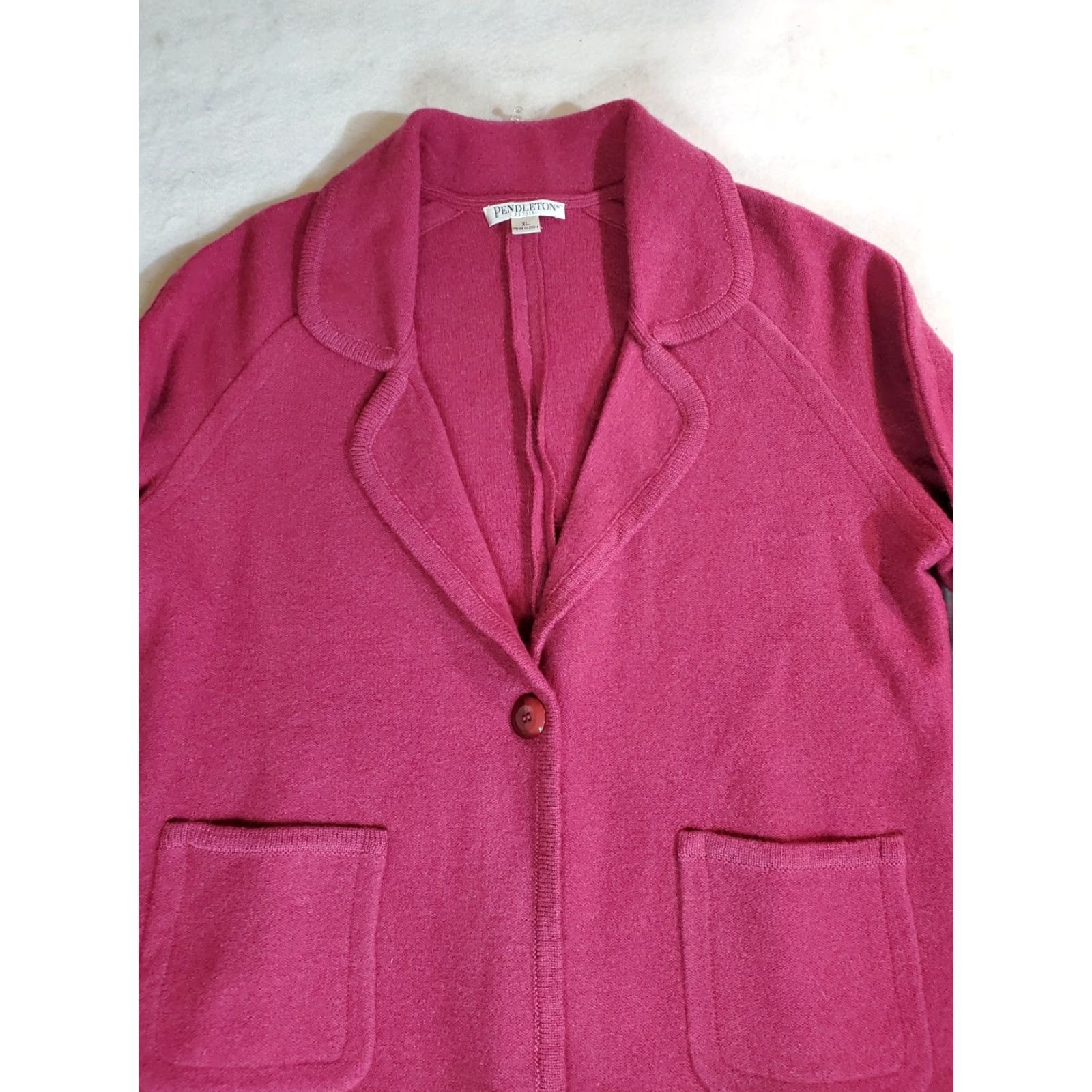 Pendleton VINTAGE Pendleton Cardigan Sweater Women’s Dark Pink Wool Single Button XL - 80s 90s - Casual, Collared, Long Sleeve, Lambs Wool - Pink - Womens Size XL / US 12-14 / IT 48-50 - 2 Thumbnail