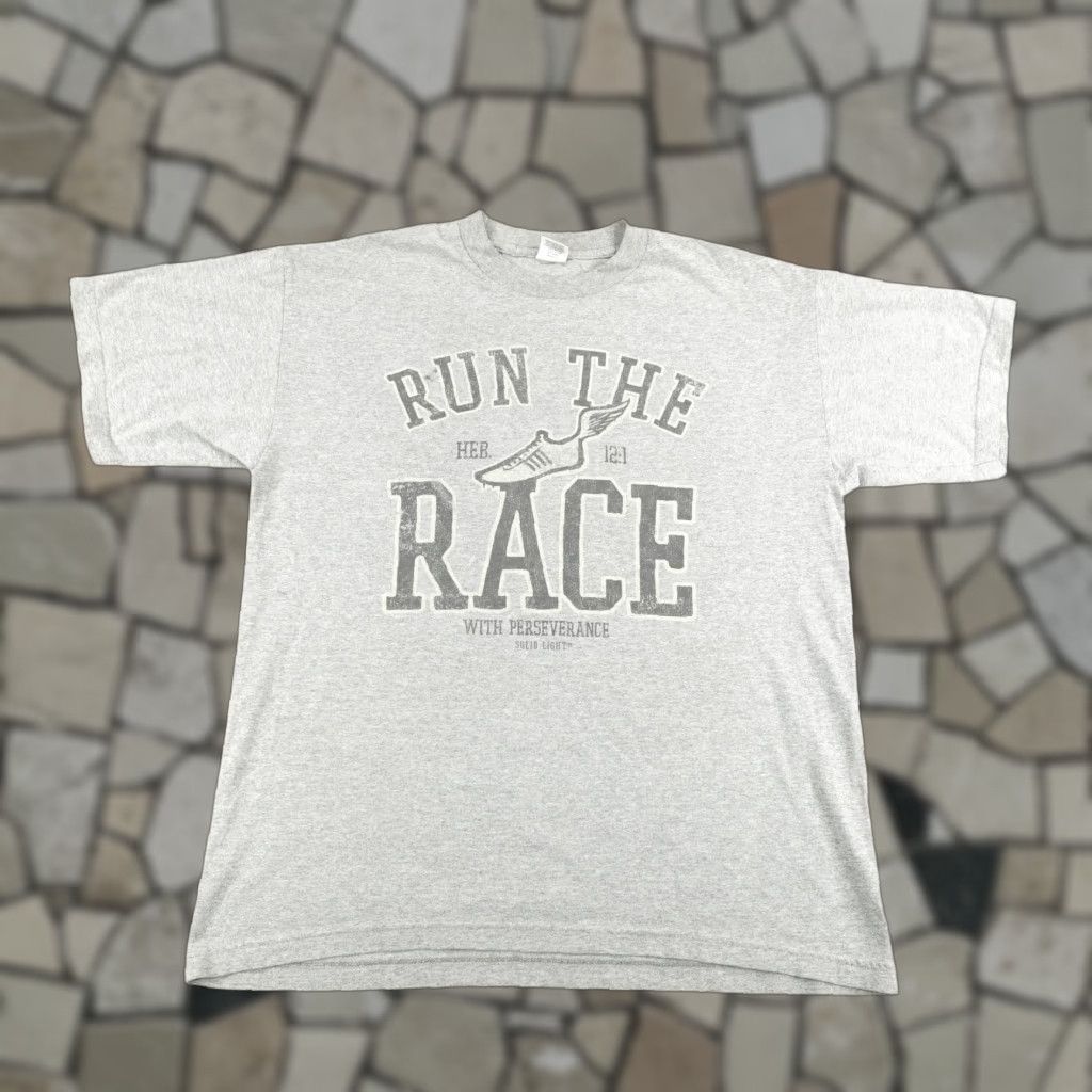 Vintage VINTAGE Alstyle Apparel & Activewear Bible Shirt Mens XL Gray Heb 12:1 Christian Religion Run The Race T-Shirt Crew Neck Short Sleeve Graphic Print Size US XL / EU 56 / 4 - 1 Thumbnail