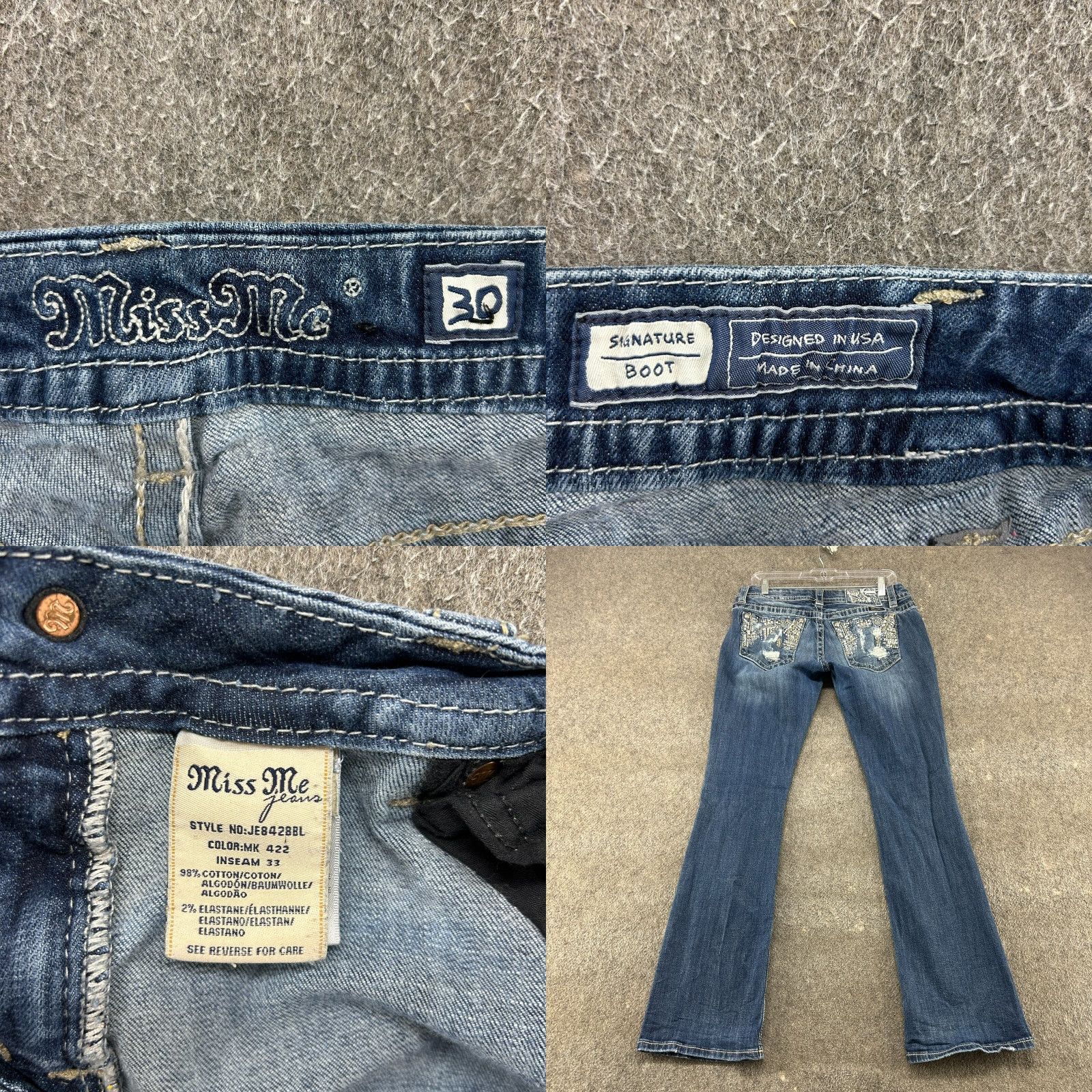 Miss Me Miss Me Jeans Womens 30x33 Blue Bootcut Dark Wash Distressed Rhinestone Sequin Embroidered Logo 5-Pocket Denim Cotton Blend Rock Western Vintage? No Size 30" / US 8 / IT 44 - 9 Thumbnail