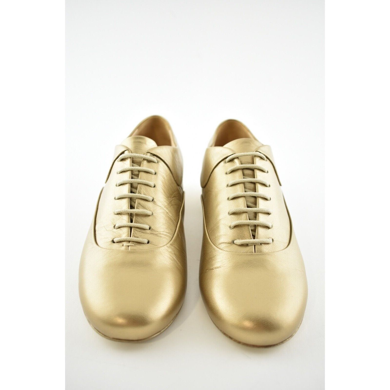 Chanel 15A Gold Lace Up Tie Leather Pearl CC Oxford