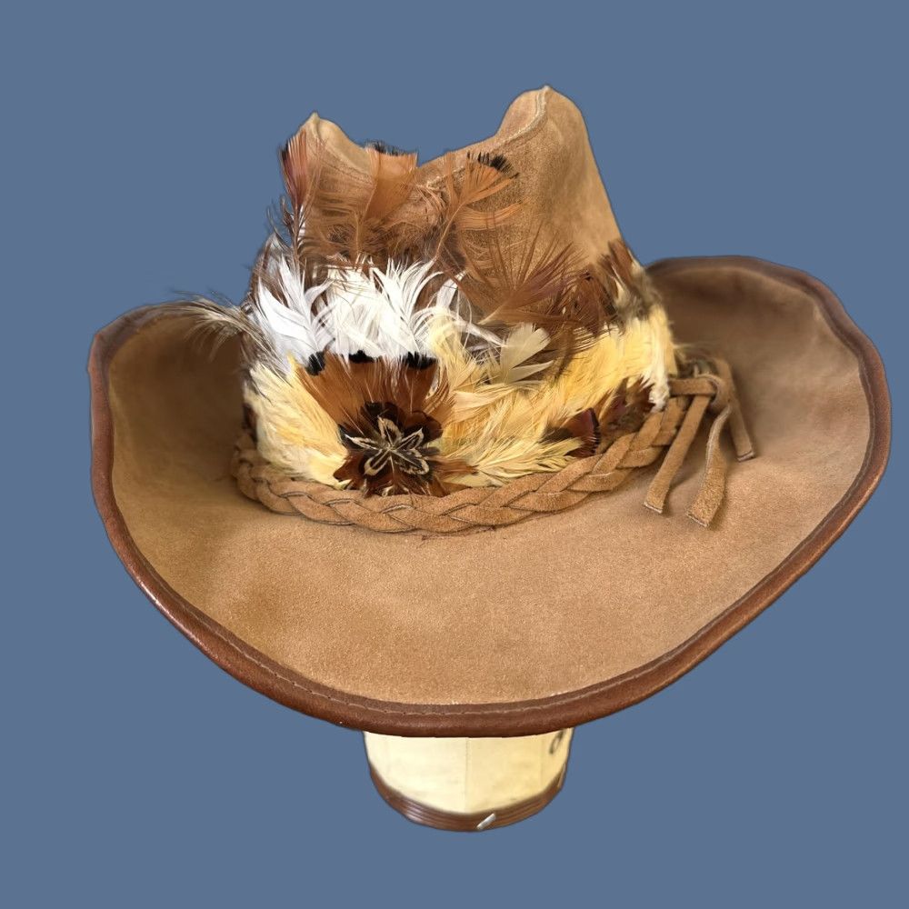 Vintage VINTAGE Western Hat Cowboy Fitted Mens Small Tan Suede Leather Feather Band Braided Felt Wide Brim Mexico 1960s Mens Size ONE SIZE - 1 Thumbnail