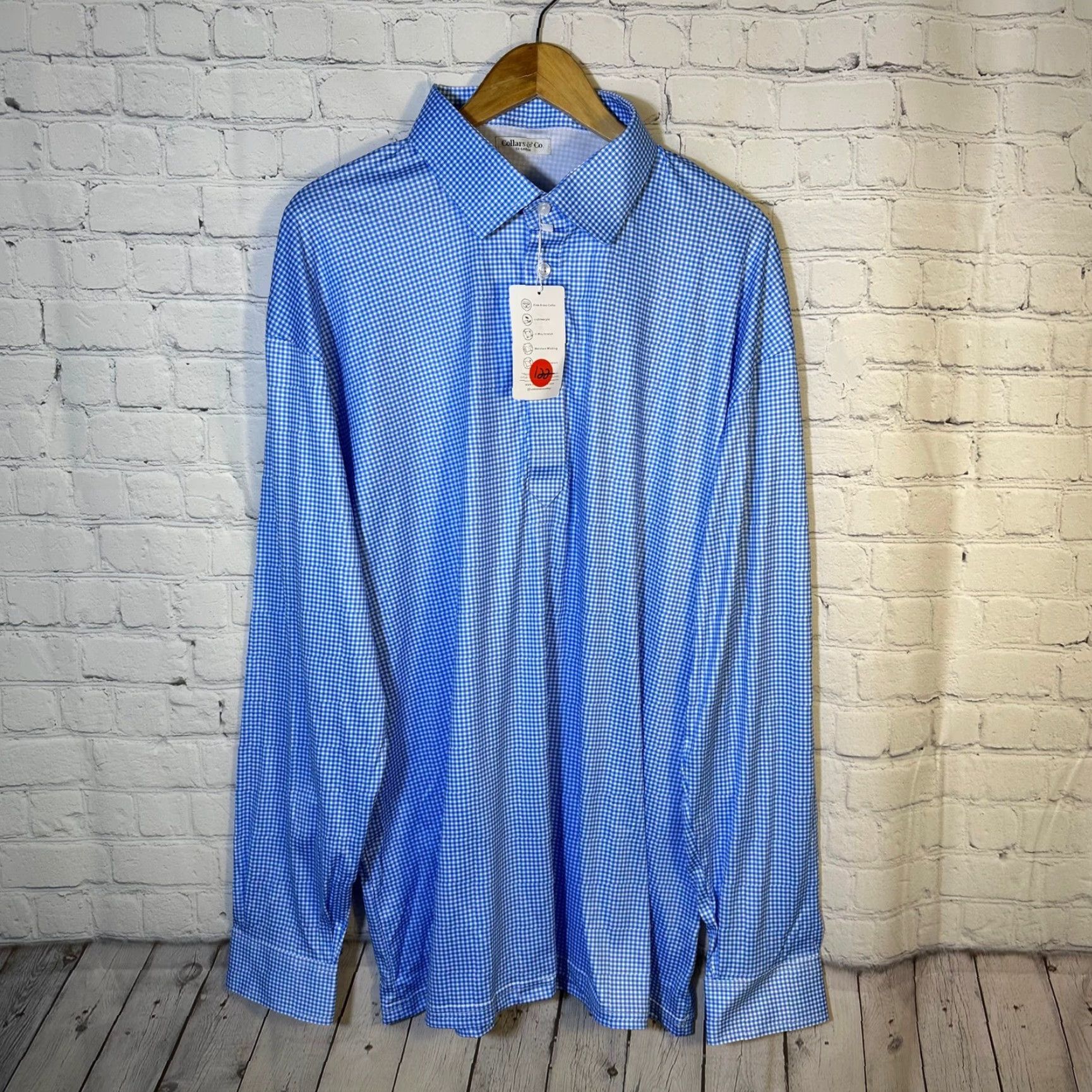 CO Collars & Co. Dress Collar Polo Long Sleeve Gingham Blue 2XL Men" Size US XXL / EU 58 / 5 - 2 Thumbnail