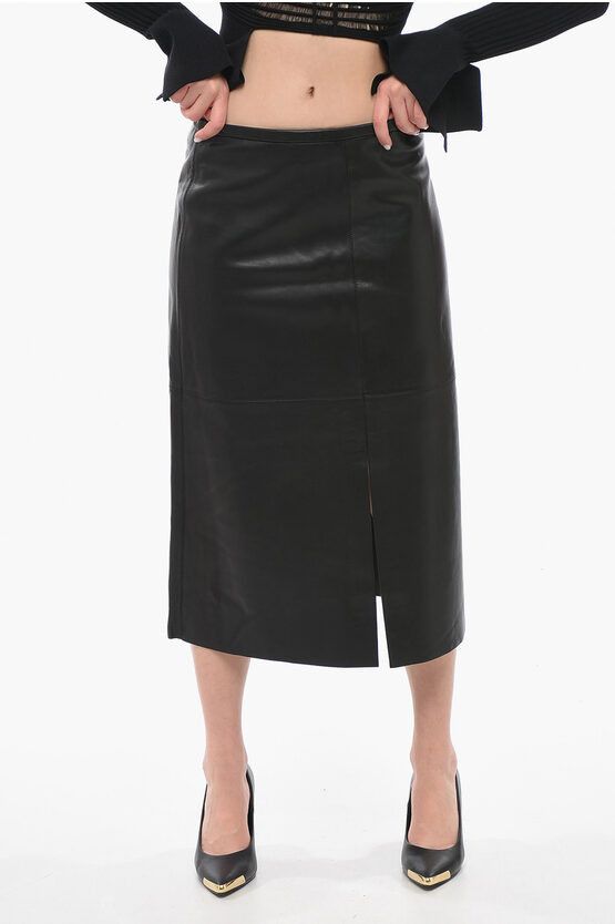 image of Calvin Klein Leather Pencil Skirt With Double Slit in Black, Women's (Size 26)