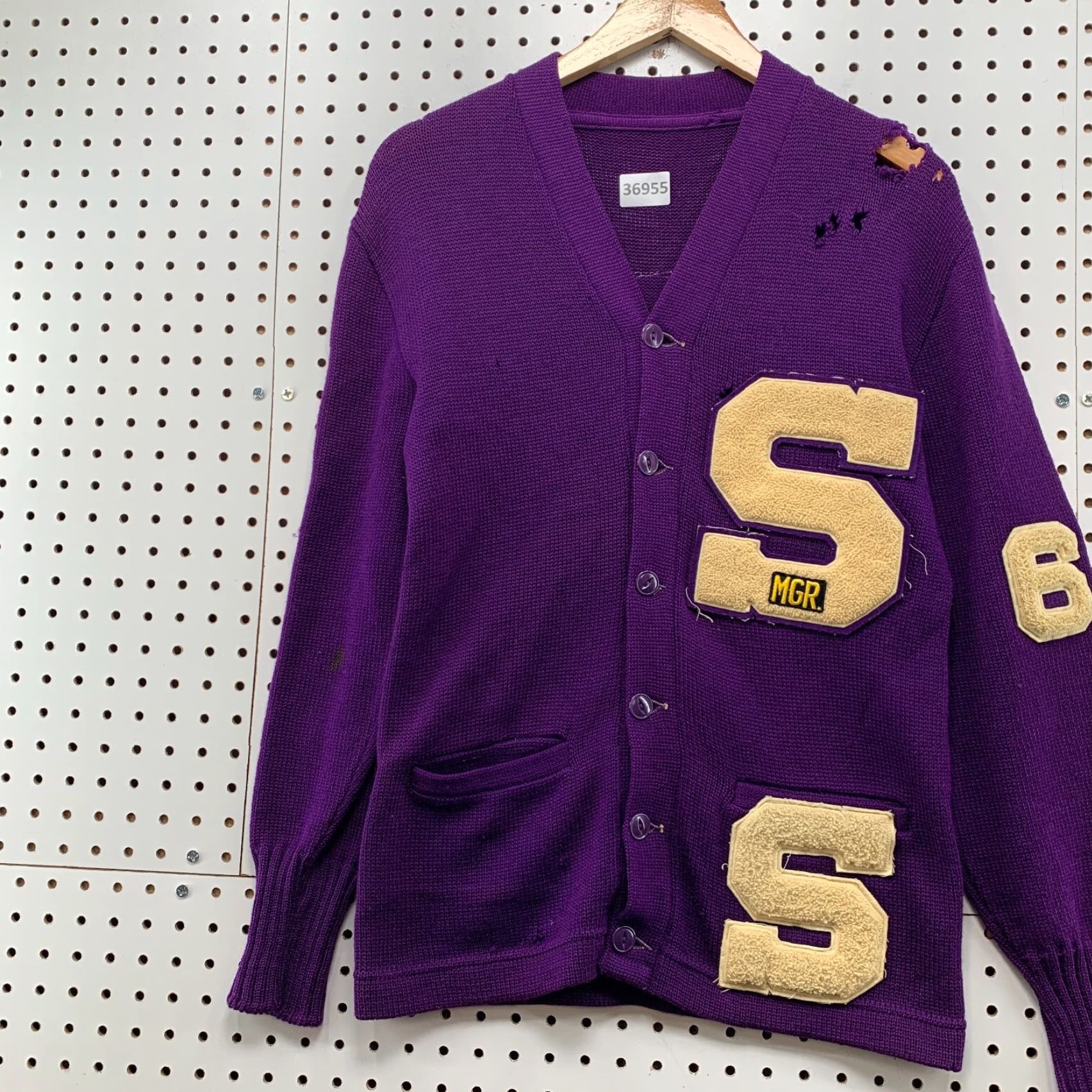 Vintage VINTAGE 60s Letterman Cardigan Sweater Mens Size Small Purple Solid Knit Long Sleeve V-Neck Distressed School Mens Size US S / EU 44-46 / 1 - 4 Thumbnail