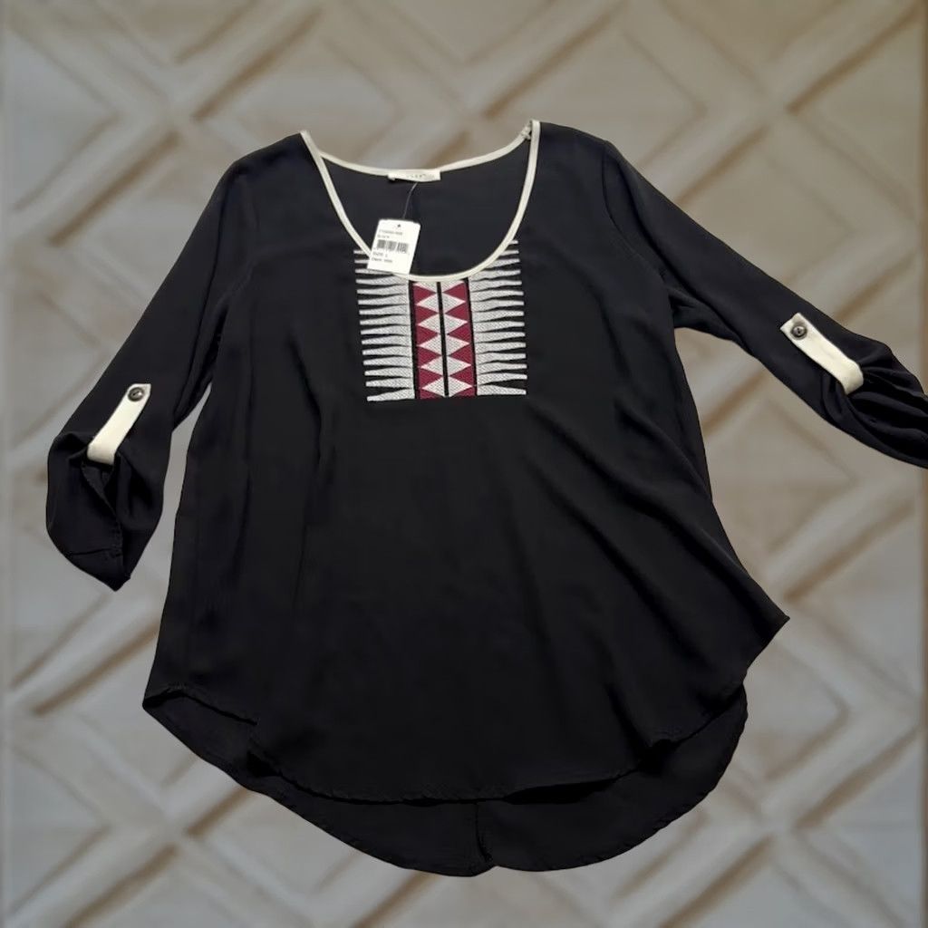 Vintage Lush Womens Embroidered 3/4 Sleeve Boho Festival Blouse S L Black Red Size L / US 10 / IT 46 - 1 Thumbnail