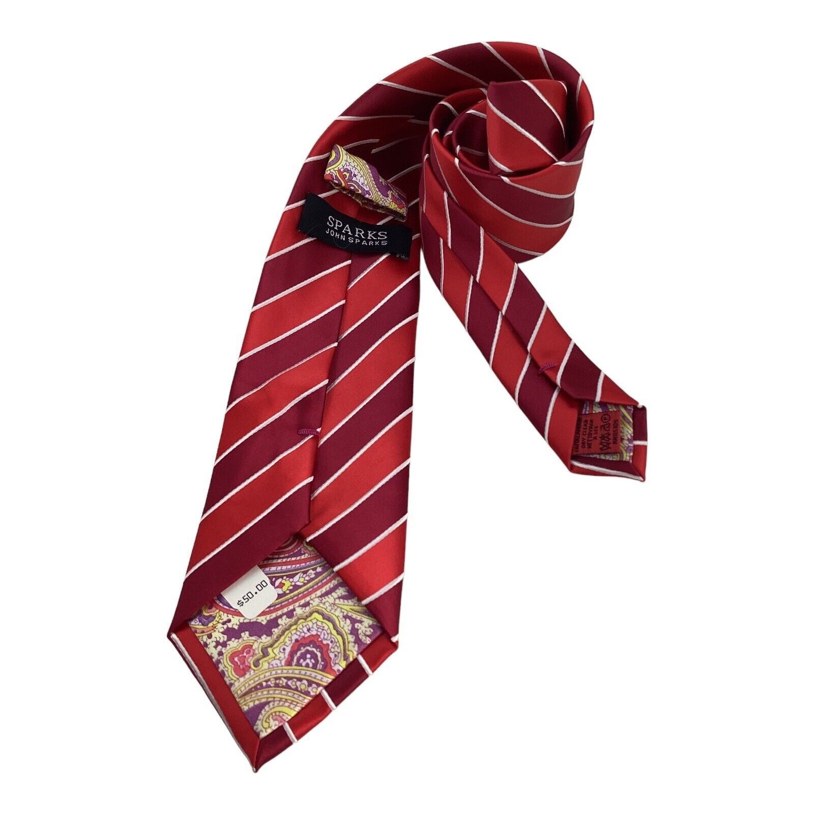 Other $50 JHON SPARKS Red Striped Luxury Polyester Tie W: 3" NWT Size ONE SIZE - 2 Thumbnail