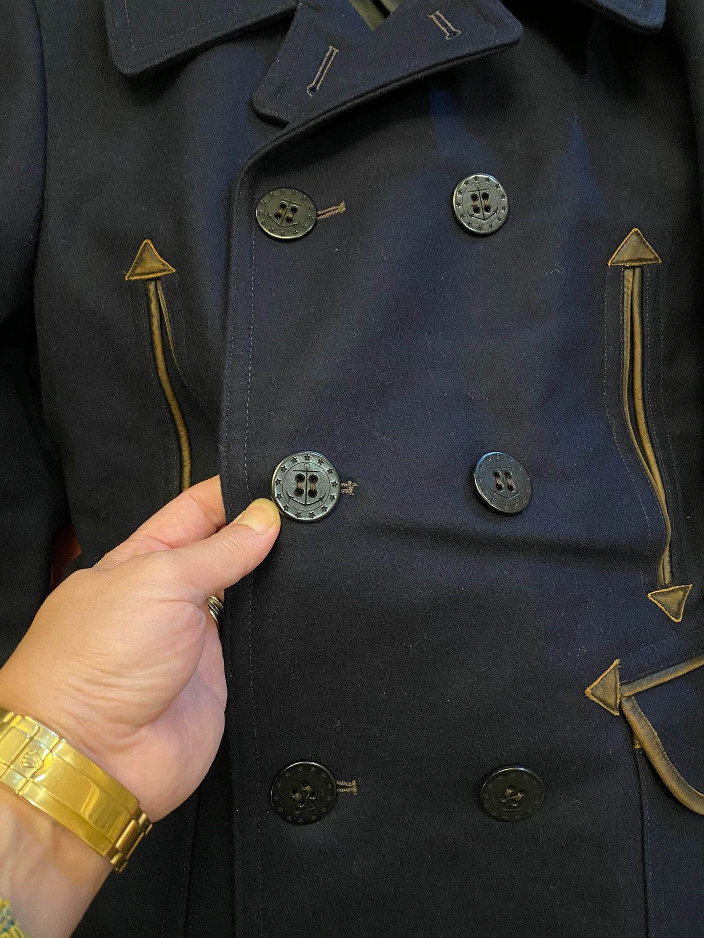 RRL Ralph Lauren RRL Navy Peacoat Distressed Leather Panel Wool-Blend Size US M / EU 48-50 / 2 - 3 Thumbnail