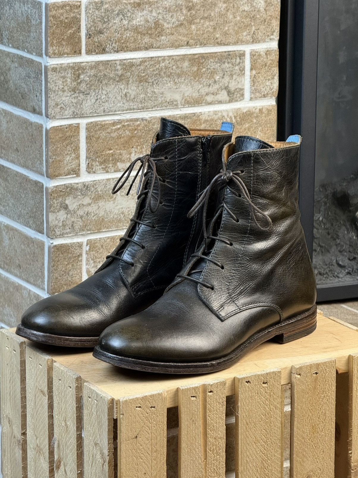 MoMA × Vintage Moma Dark Green Leather Laces Ankle Zip Boots Size US 8 / IT 38 - 2 Thumbnail