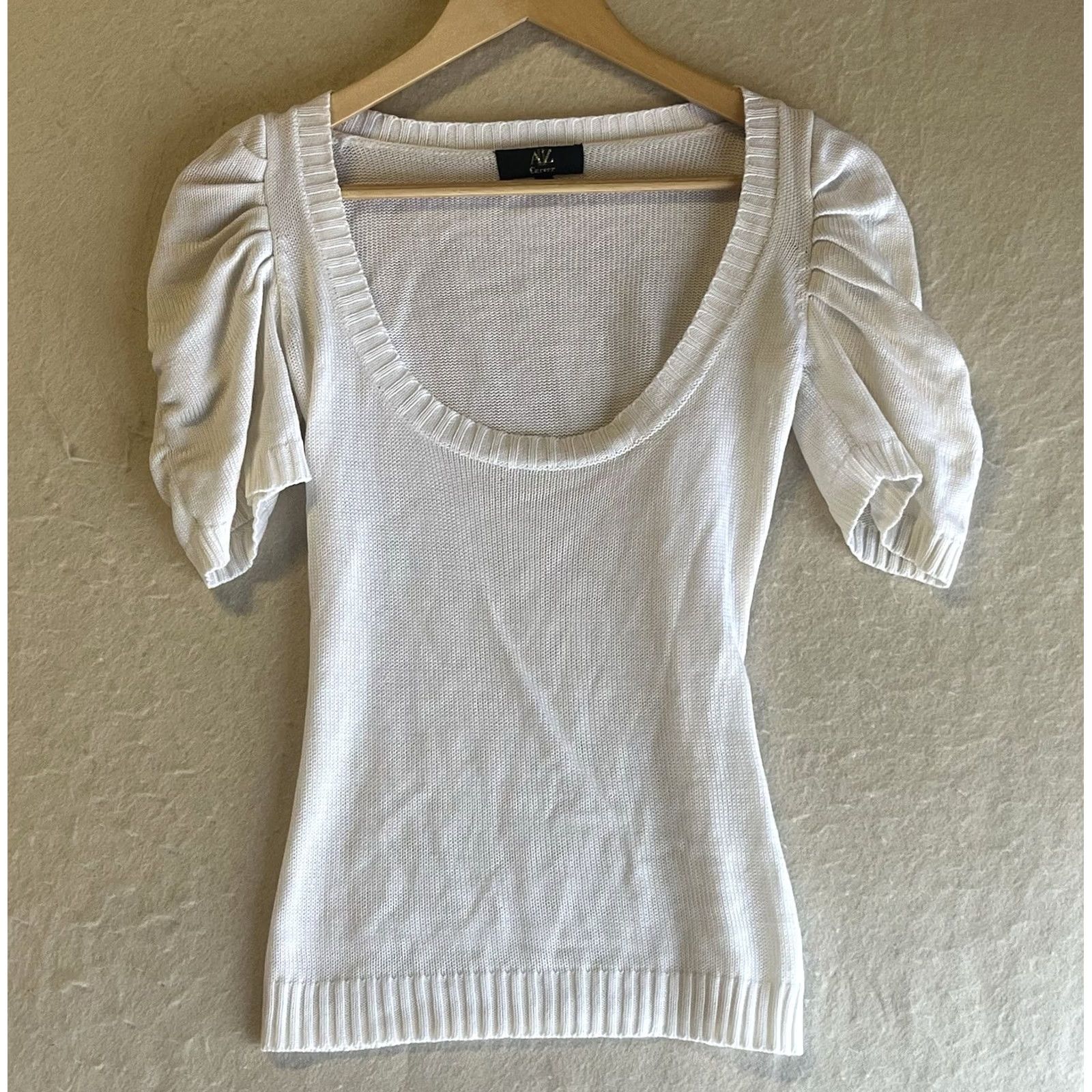 Vintage AZ Career Women Shirt Knit White Scoop Neck Short Sleeve Pullover Size L Large Breathable Casual Workwear Modern Size L / US 10 / IT 46 - 2 Thumbnail