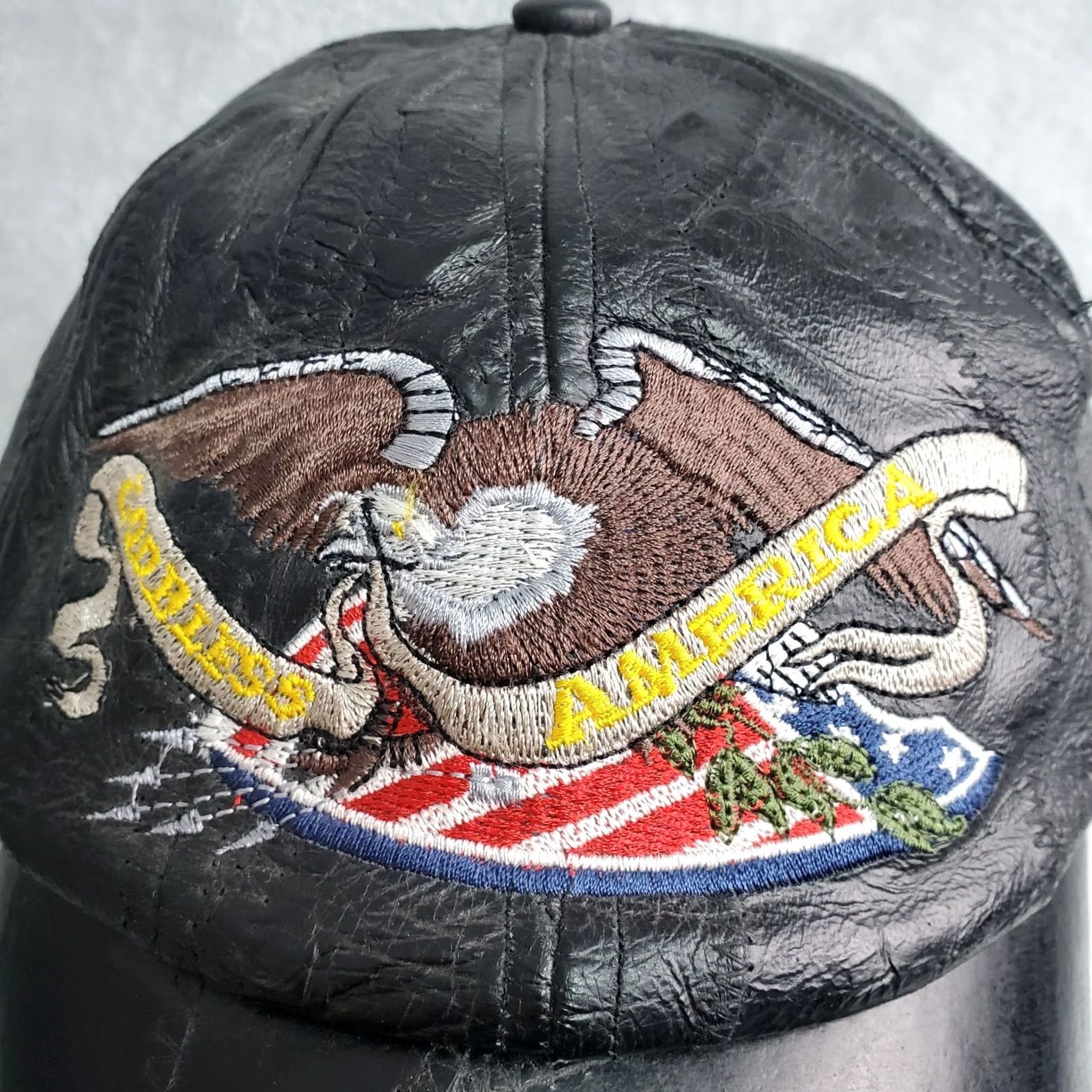 Vintage God Bless America Leather Baseball Cap Hat Men's Black Patchwork Eagle Flag Size ONE SIZE - 3 Thumbnail