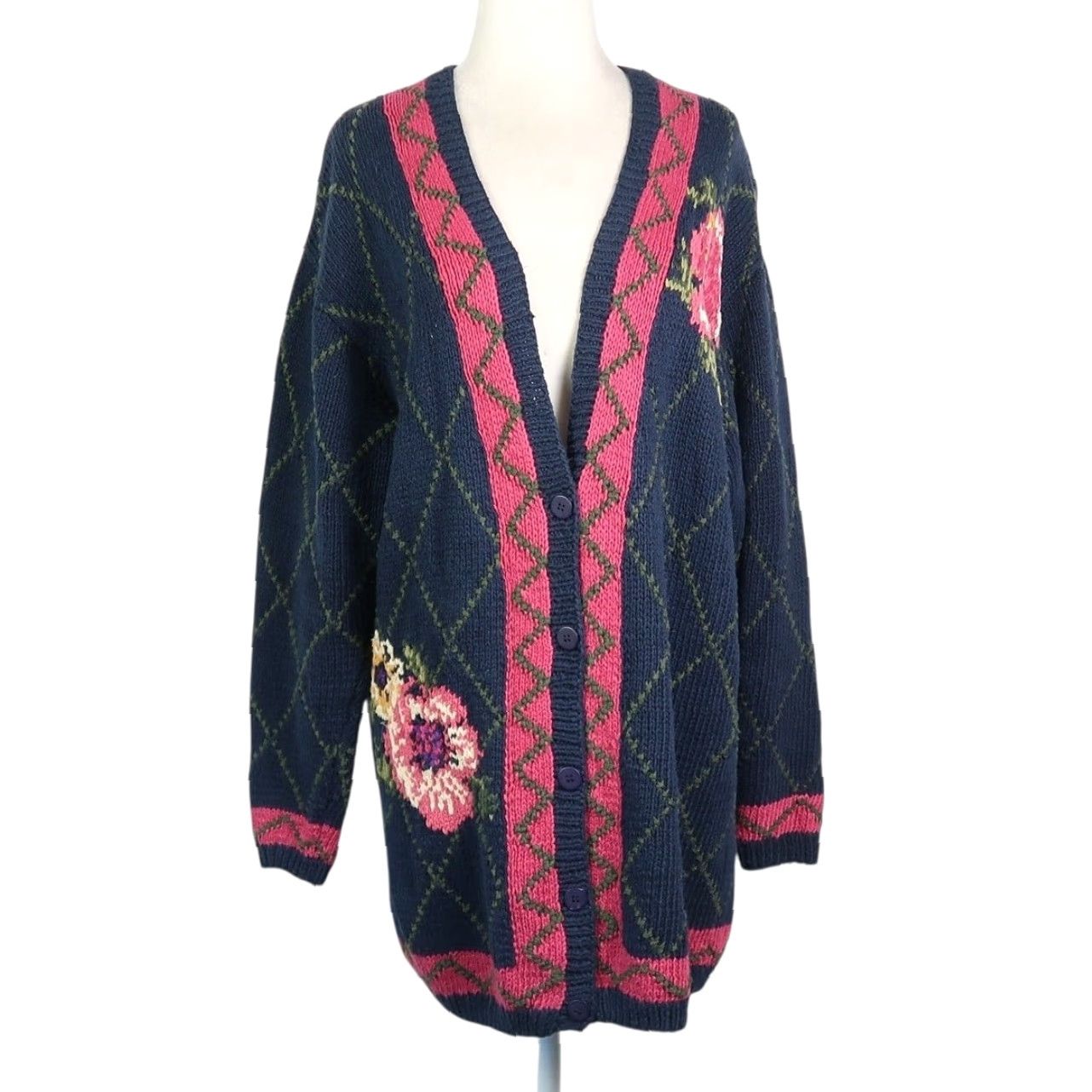 Liz Claiborne VINTAGE Liz Claiborne Cardigan Sweater Womens M Navy Blue Pink Floral 90s Bohemian Knit Cotton Linen Long Sleeve Casual Sweater 90s Size M / US 6-8 / IT 42-44 - 2 Thumbnail
