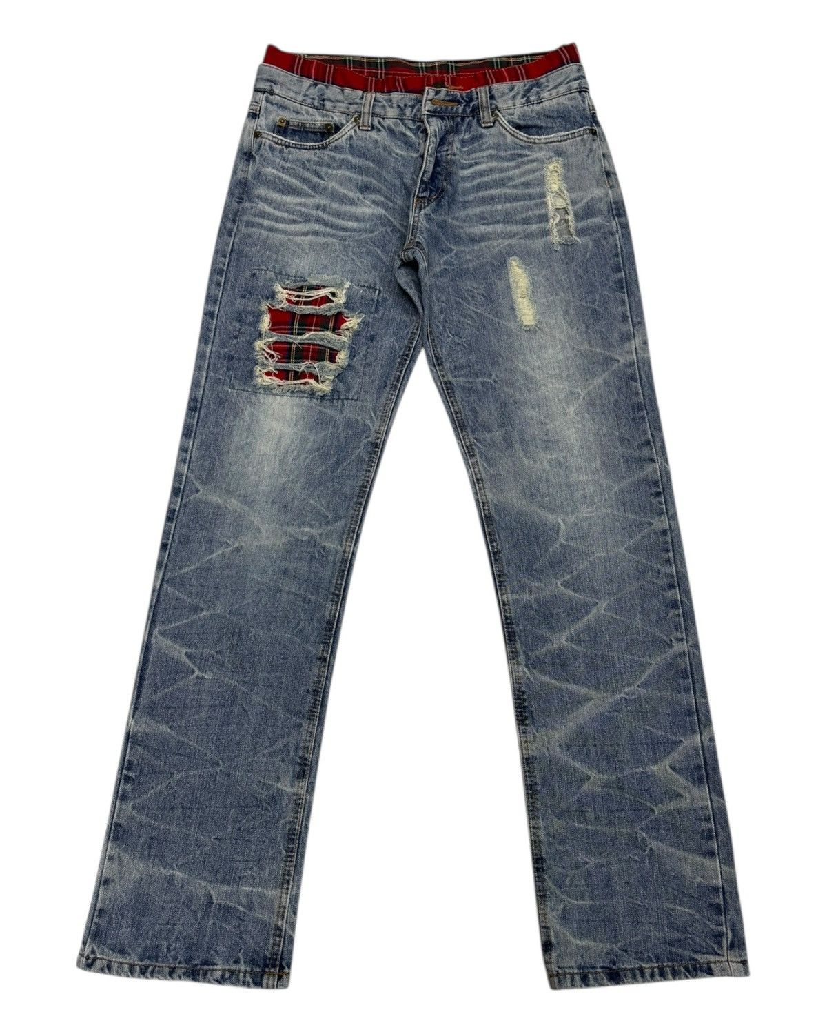Hysteric Glamour × If Six Was Nine Red Tartan Checked Double Waist Jean Distressed Denim Size US 31 - 1 Thumbnail