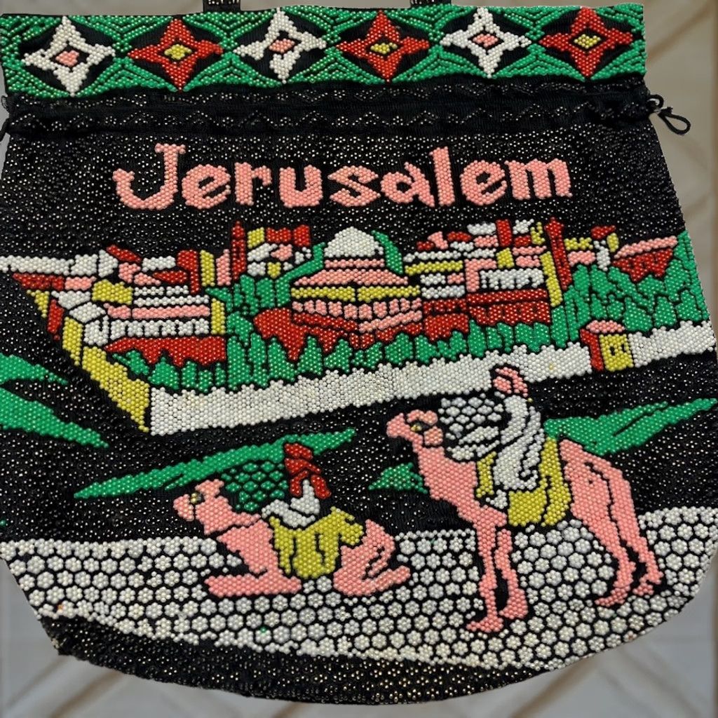 Doublet VINTAGE Jerusalem Cityscape Beaded Tote Bag Purse Handmade Black Double Handle Satchel Top Handle Women Medium Size ONE SIZE - 1 Thumbnail