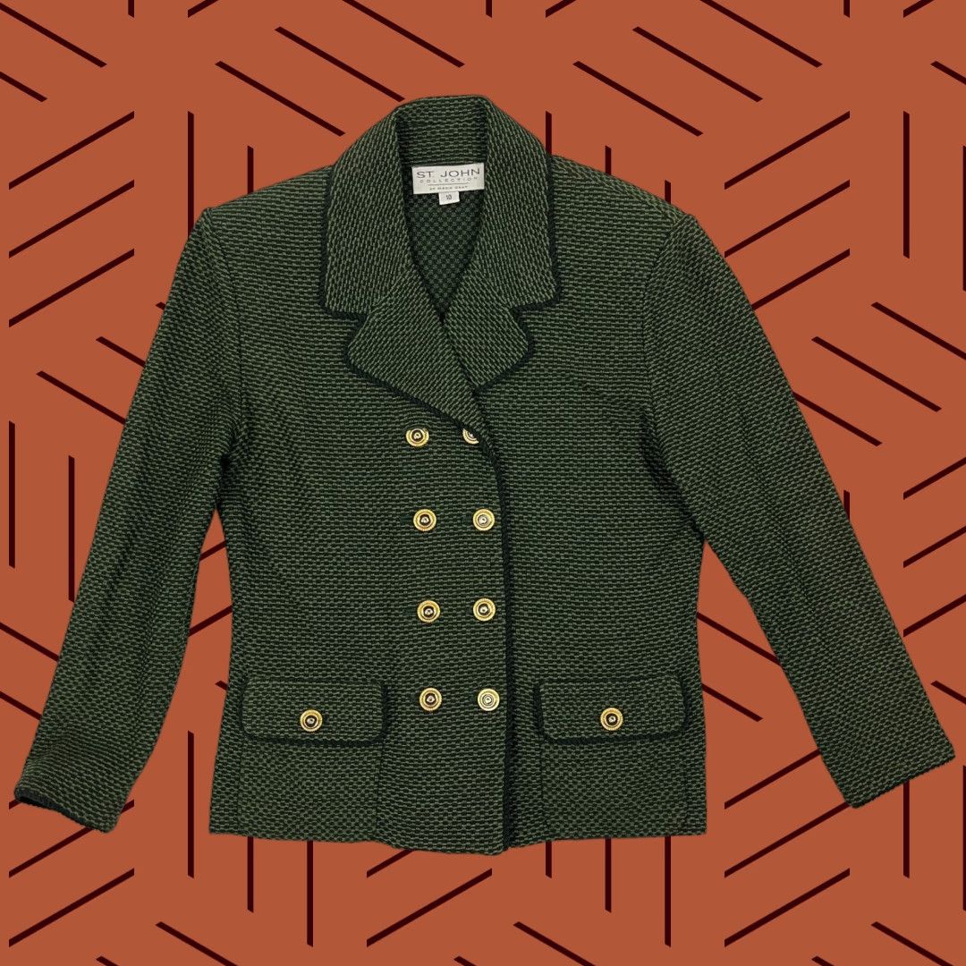 St. John VINTAGE St. John Blazer Womens 10 Double-Breasted Wool Knit Solid Green Notch Lapel Suit Jacket/Blazer Womens Size 10 Size L / US 10 / IT 46 - 1 Thumbnail