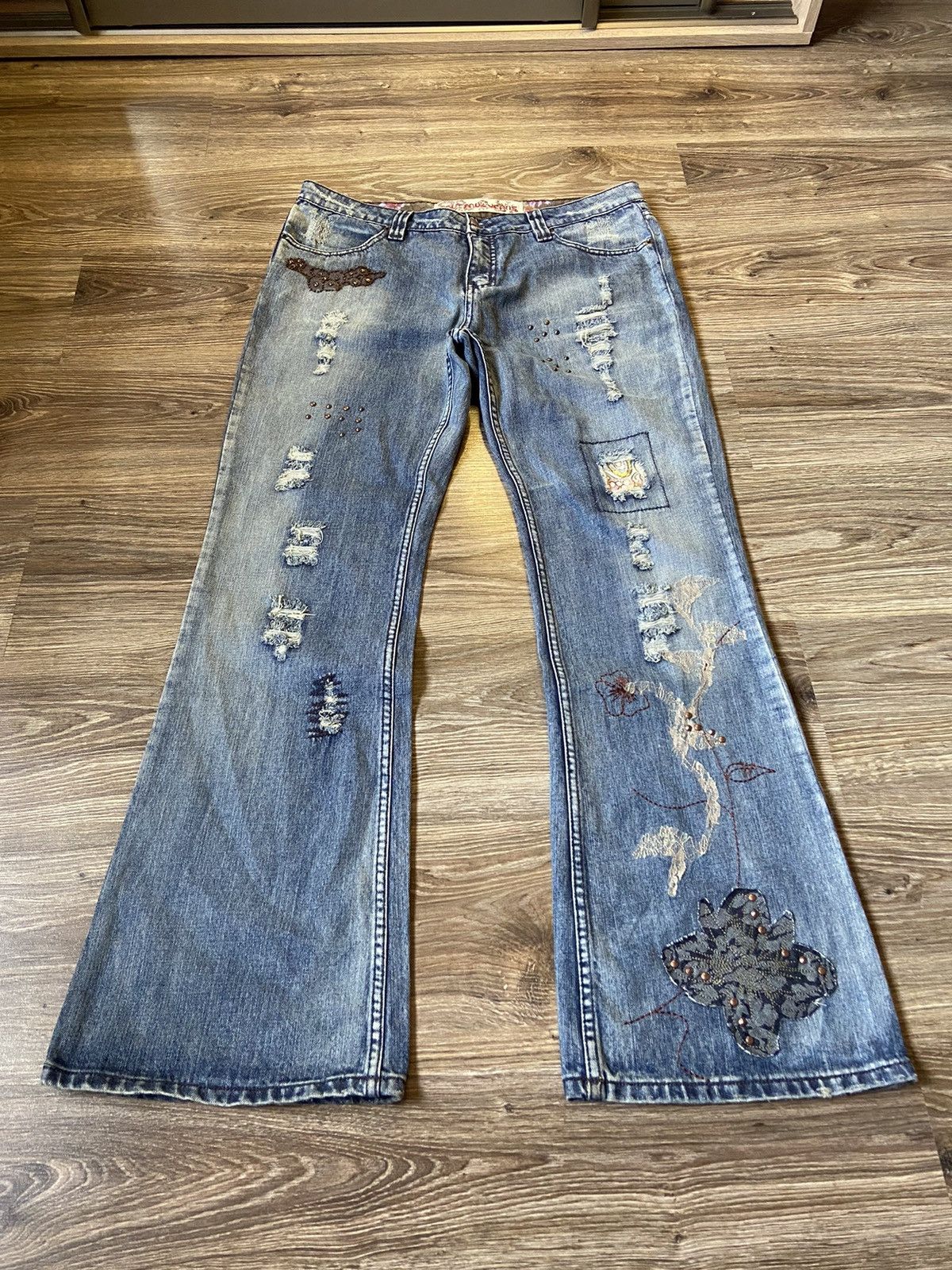 Image of Hysteric Glamour x Vintage Crazy Mui Mui Distressed Patchwork Bootcut Denim Jeans 90's in Blue, Wom