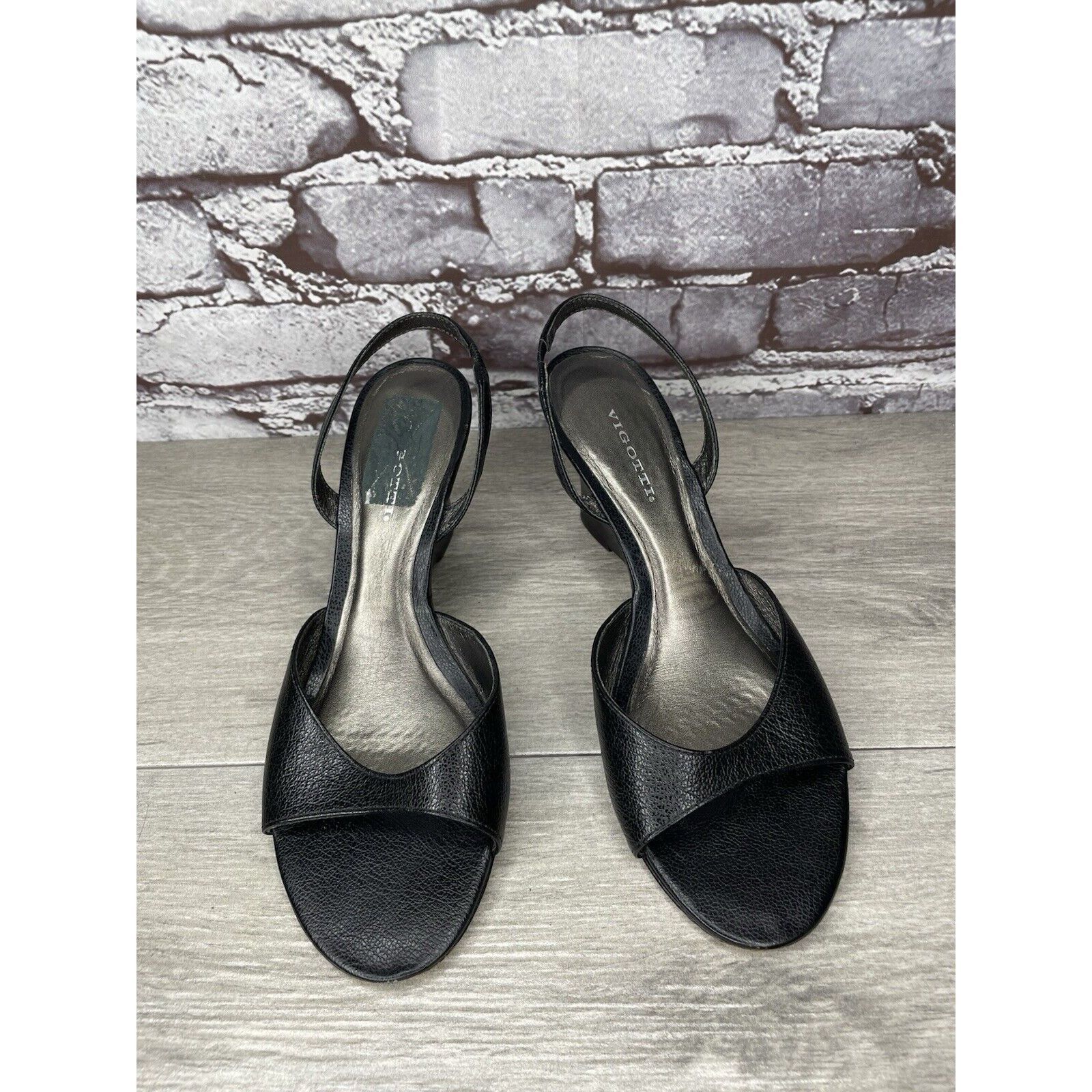 Other Vigotti Black Leather Open Toe Slingback High Wedge Sandals Size US 7 / IT 37 - 20 Thumbnail