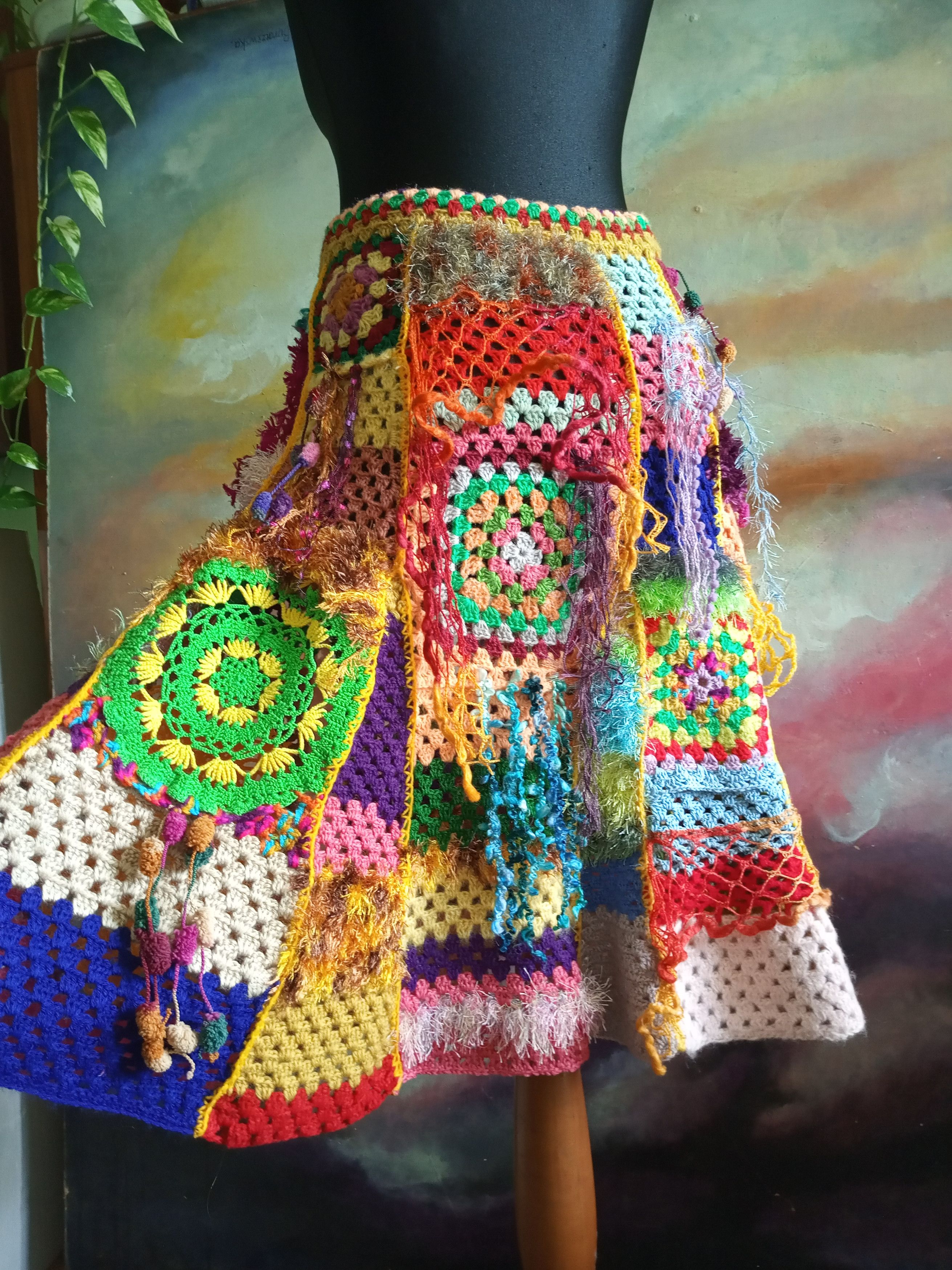 Handmade Crochet Festival colorful skirt Size 28" / US 6 / IT 42 - 1 Thumbnail