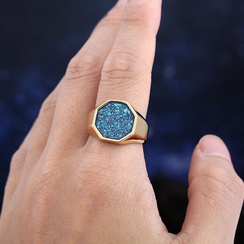 Vintage Geometric Epoxy Blue Gold Ring Size ONE SIZE - 1 Thumbnail