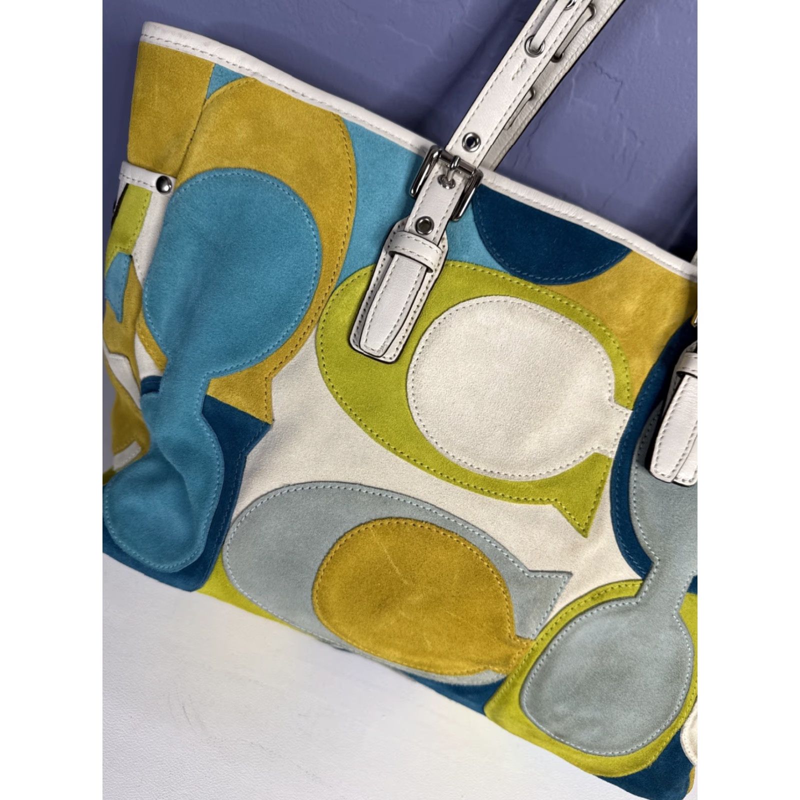 VINTAGE Coach Limited Edition Suede Leather Multicolor Optic Tote Bag F03682 Tote Women Leather