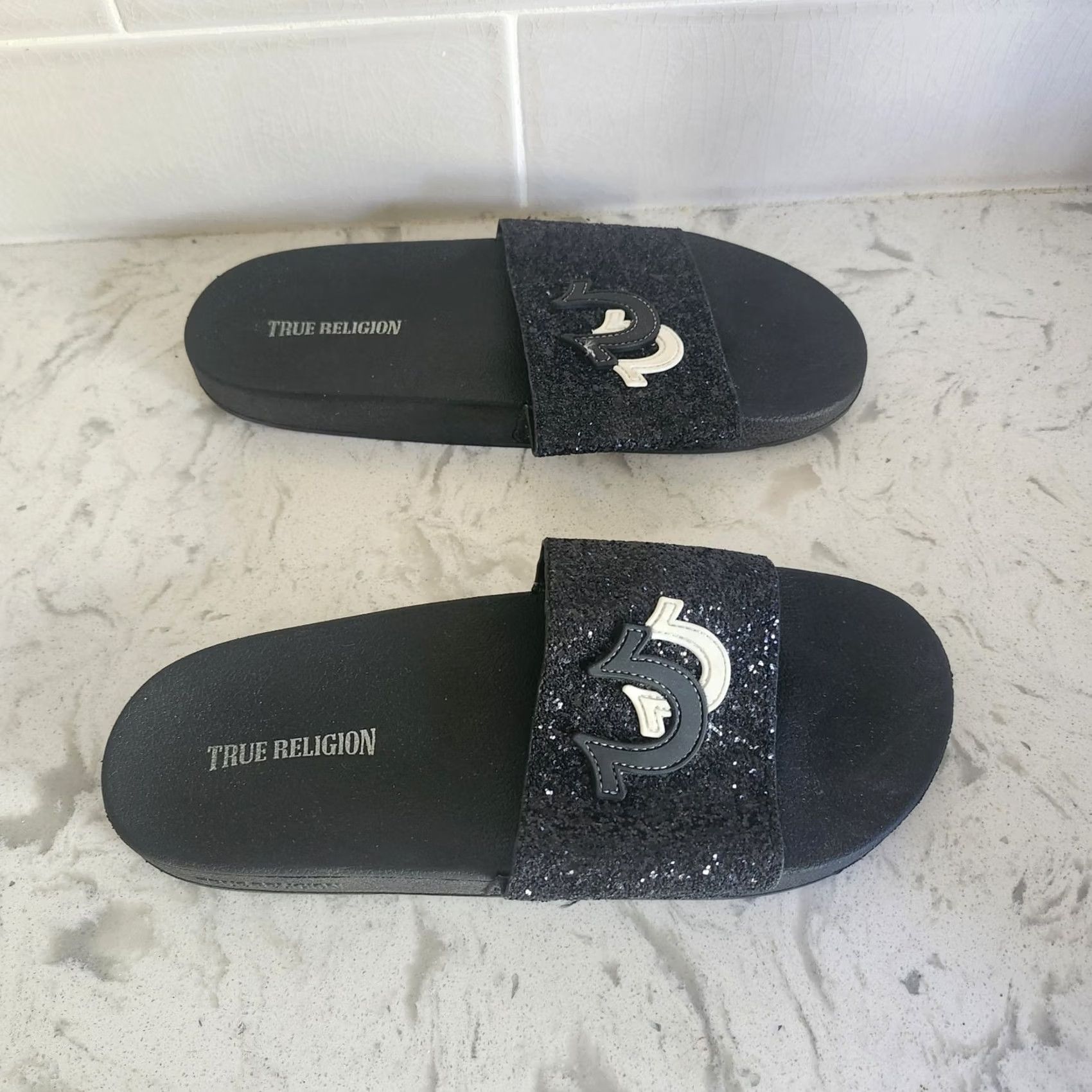 True Religion True Religion Slides Mens 11 Black Glitter Logo Sandals Size ONE SIZE - 4 Thumbnail