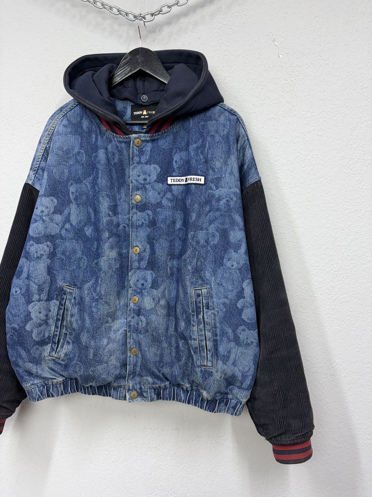 Teddy Fresh Teddy Fresh Denim Varsity Jacket Hybrid All-Over Bear Print Size US L / EU 52-54 / 3 - 15 Thumbnail