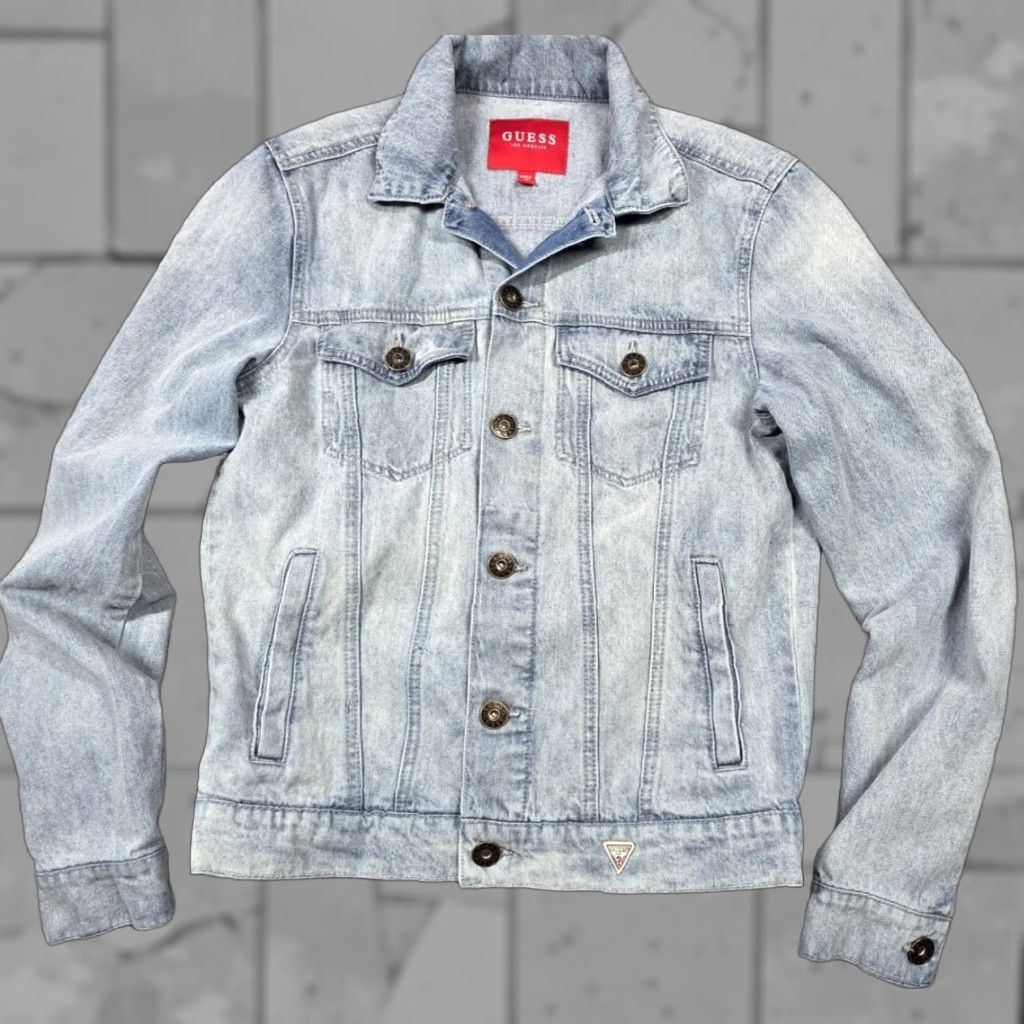 Guess GUESS Trucker Jacket Mens S Blue Denim Distressed Fade Cotton Jacket, 90s y2k, Los Angeles, Jean, Button, Logo, Embroidered, Pockets, Casual Menswear Size US 29 - 1 Thumbnail