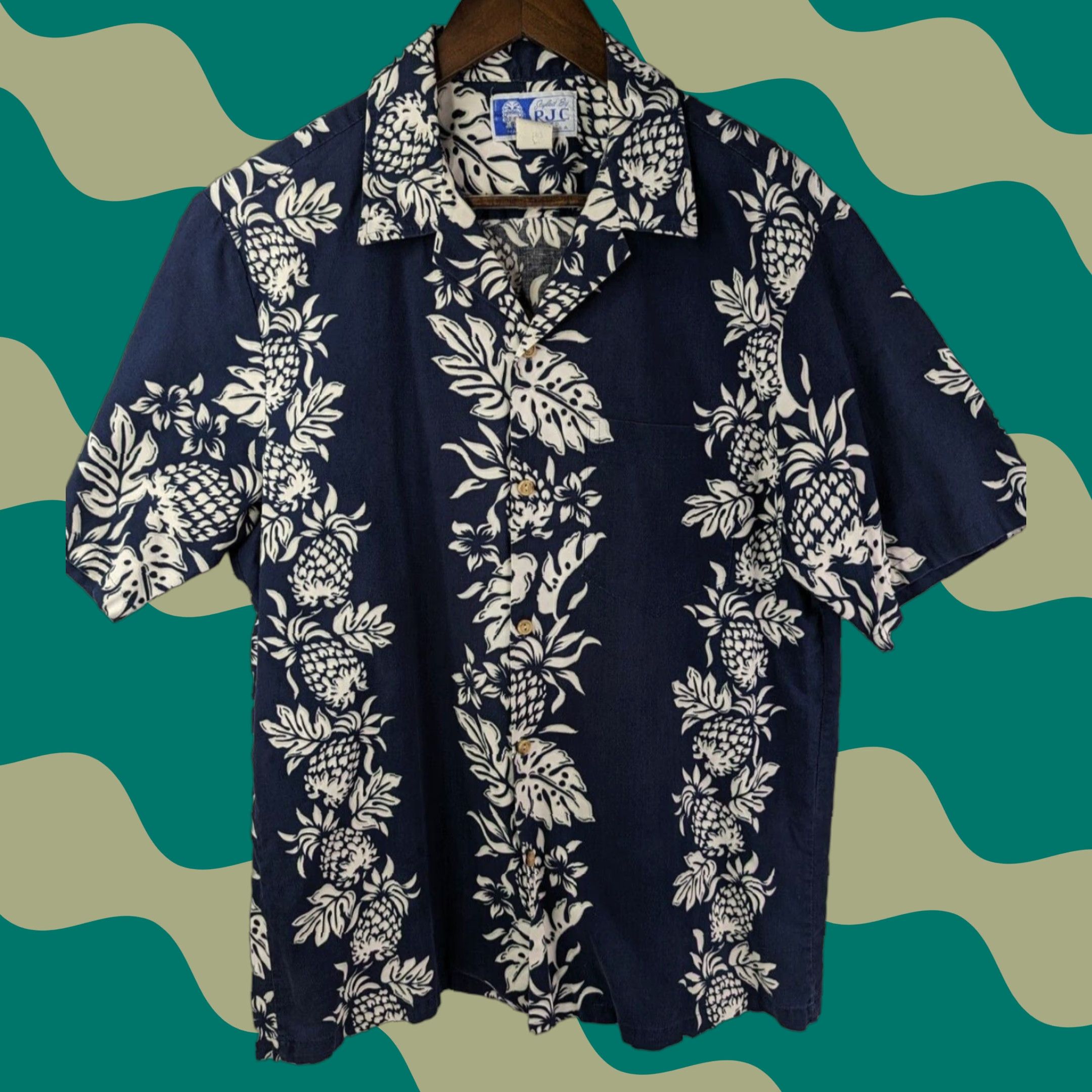 Vintage RJC Mens Hawaiian Shirt Navy Blue Made In Hawaii Pineapple Camp Large Button-Up Short Sleeve Cotton Size US L / EU 52-54 / 3 - 1 Thumbnail