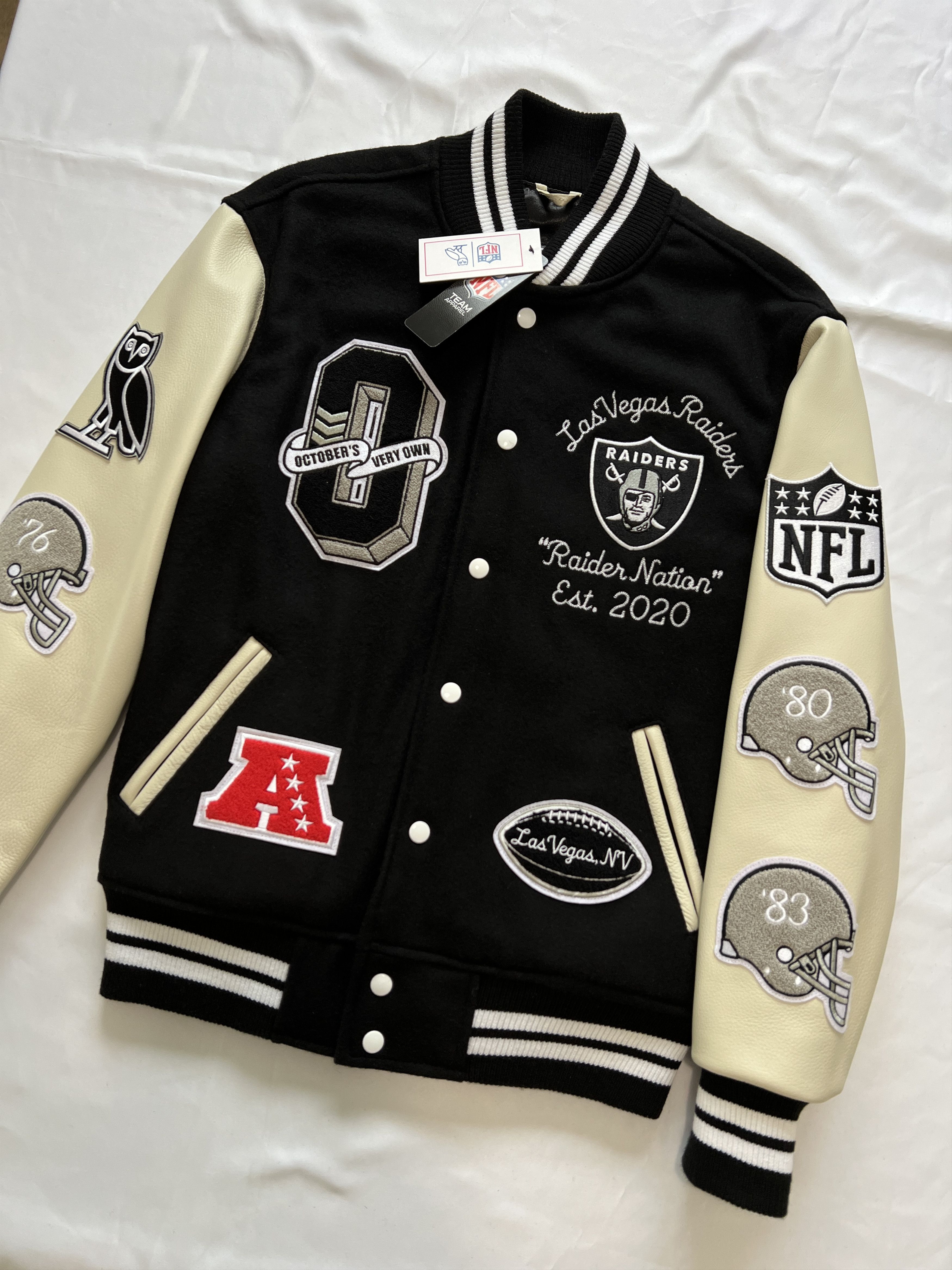 Drake OVO X NFL Las Vegas Raiders Leather Wool Varsity Jacket Size US M / EU 48-50 / 2 - 2 Thumbnail