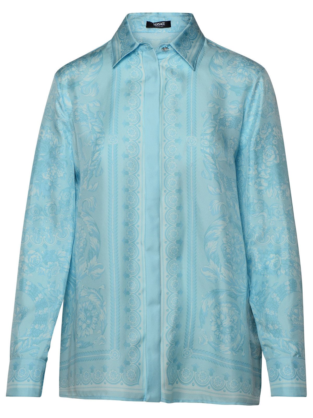 image of Versace 'barocco' Light Blue Silk Shirt, Women's (Size Medium)