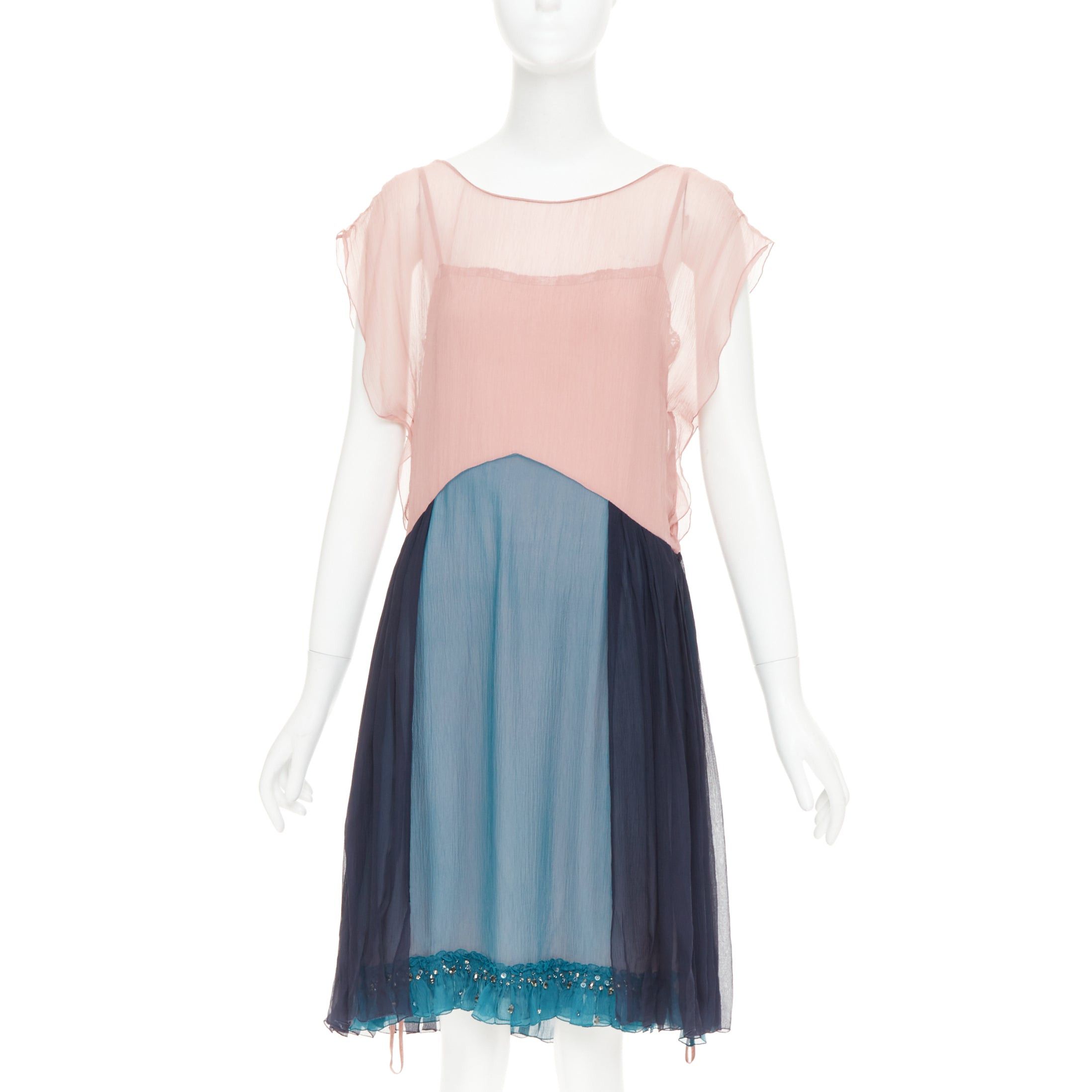 Prada PRADA 2015 silk chiffon paneled colorblocked embellished hem cocktail dress IT40 S Size S / US 4 / IT 40 - 1 Thumbnail