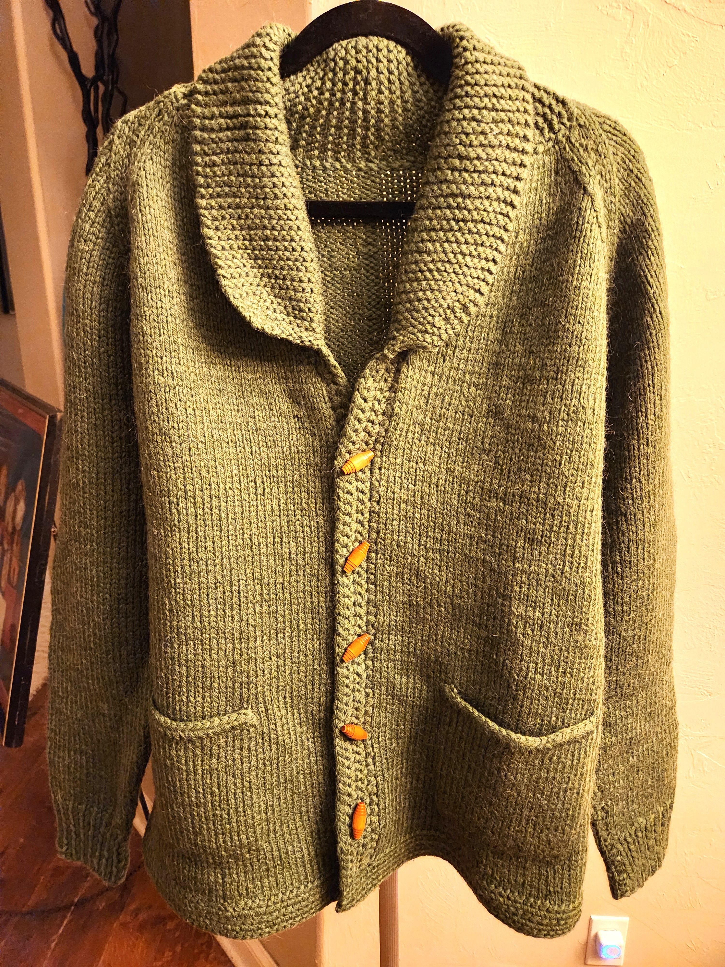 Handmade Hand Knit 100% Wool Green Bulky Button Front Cardigan Sz L Size US L / EU 52-54 / 3 - 1 Thumbnail