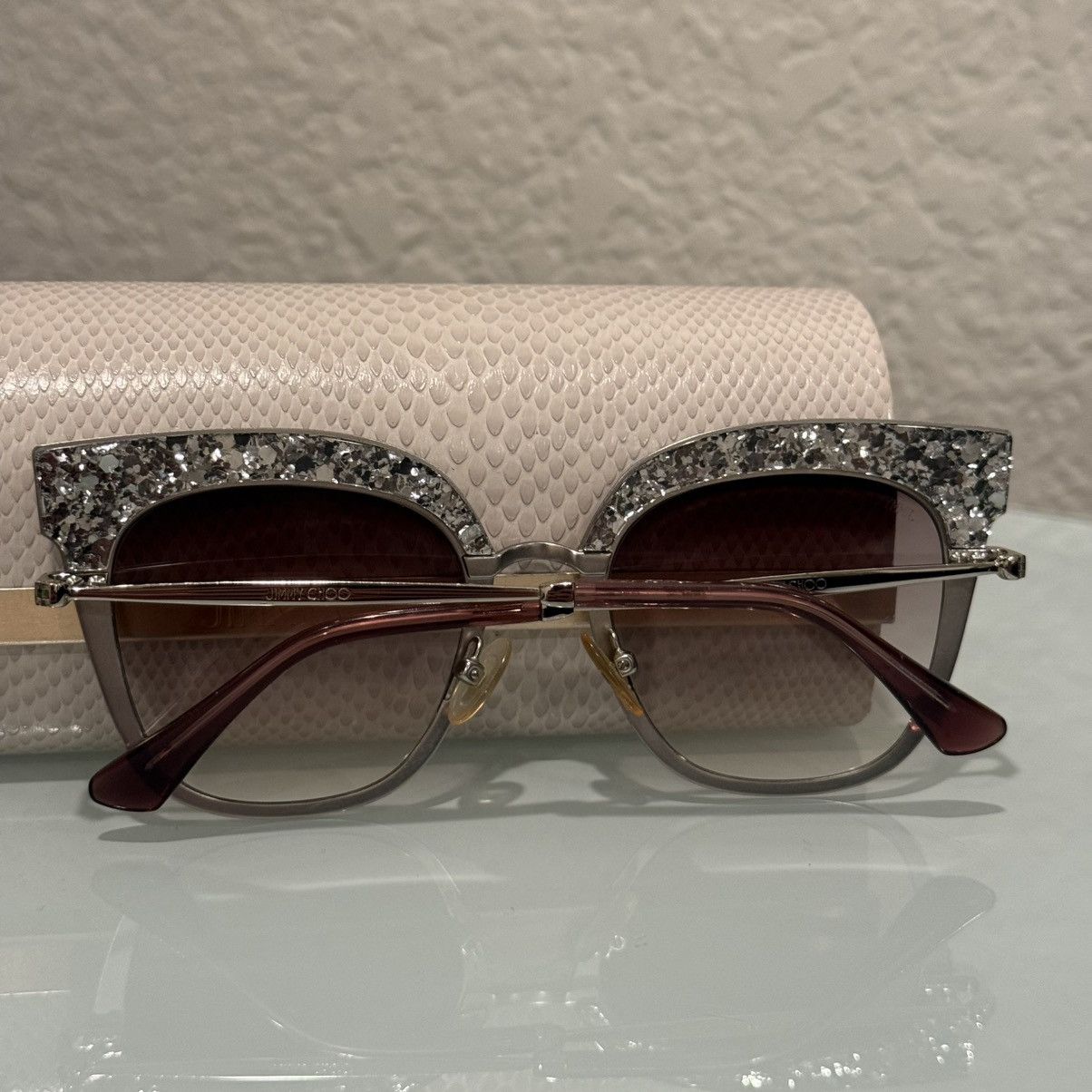 Jimmy Choo JIMMY CHOO ROSY Gunmetal / Pink Glitter Butterfly Sunglasses Size ONE SIZE - 3 Thumbnail