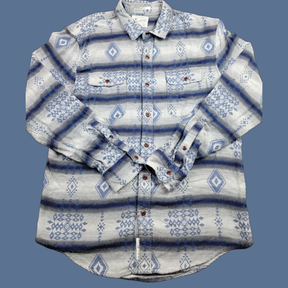 Lucky Brand Lucky Brand Shirt Mens Medium Gray Aztec Southwestern Double Weave Silver City Geometric Bohemian Western Button-Up Long Sleeve Pockets Size US M / EU 48-50 / 2 - 1 Thumbnail