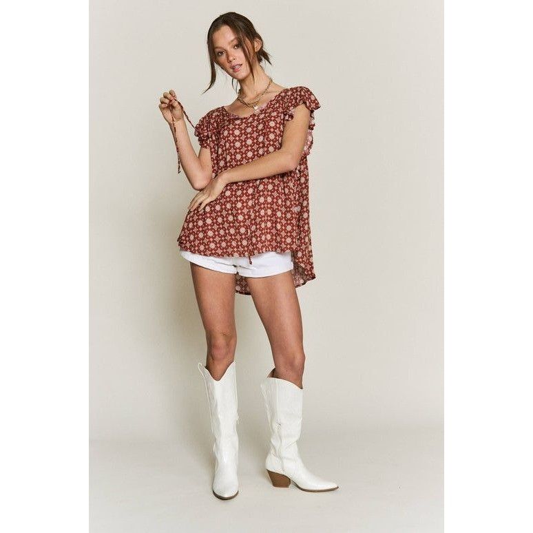 Other Rust-Red Floral Ruffle Sleeve Rayon Top With Tie Neck Small Size S / US 4 / IT 40 - 2 Thumbnail