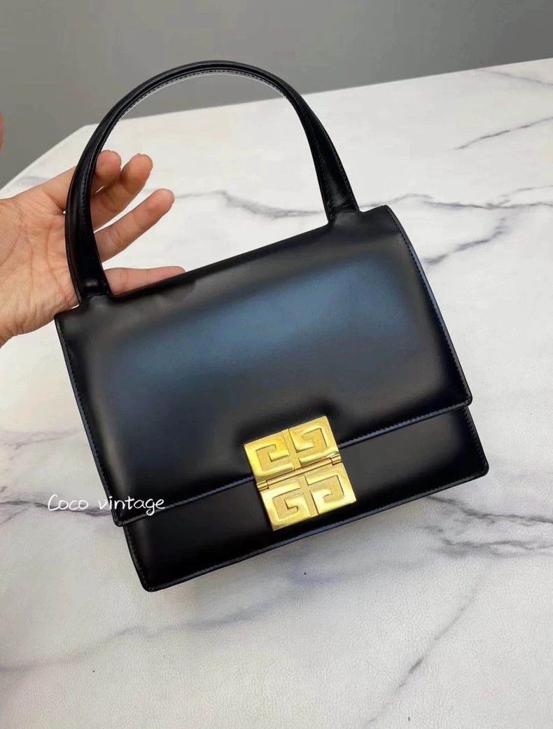 Givenchy Vintage Black and Gold Four-Grid Cowhide Tote Bag