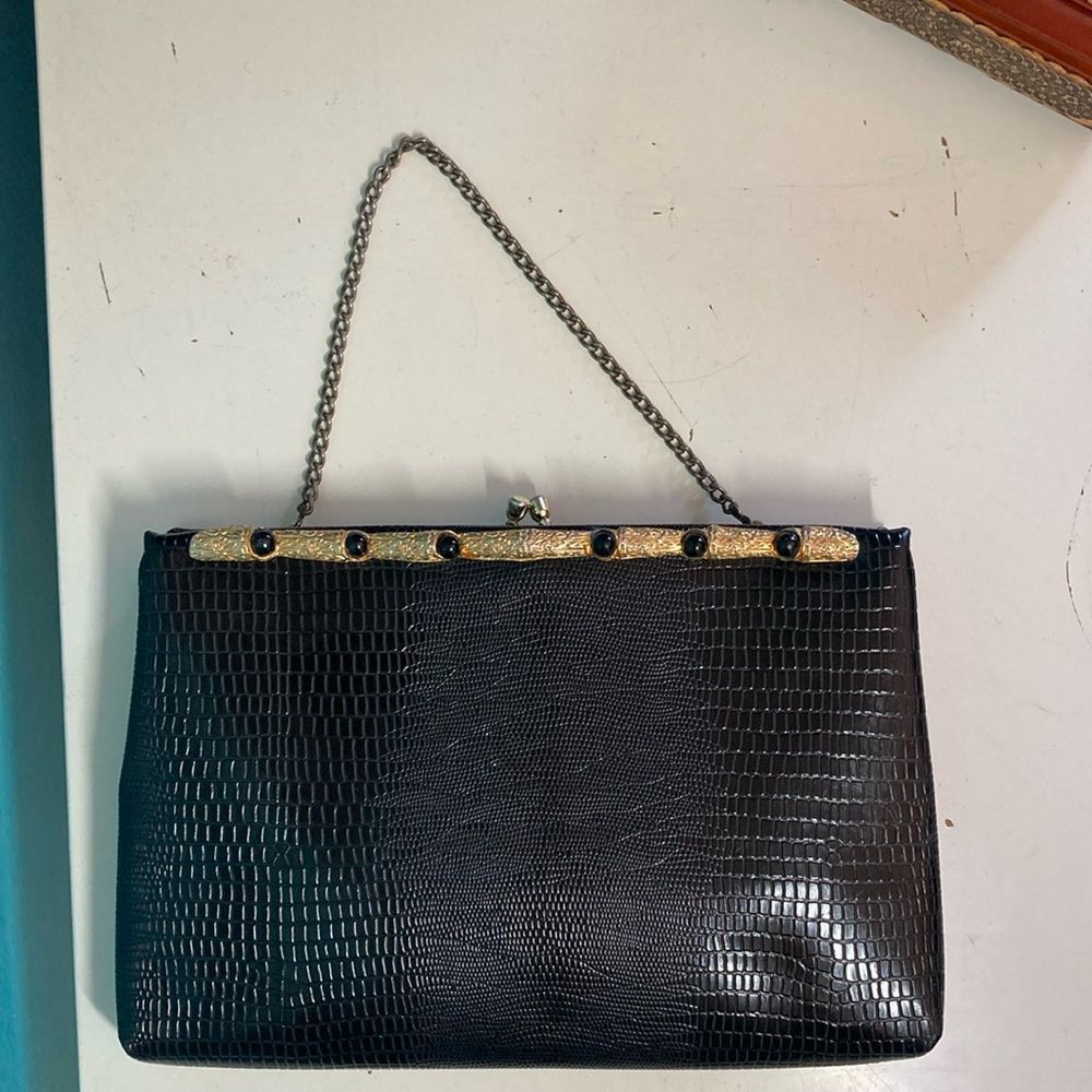 Vintage Vintage Lizard Clutch Handbag Black with Chain Handle 6 X 9 Size ONE SIZE - 2 Thumbnail