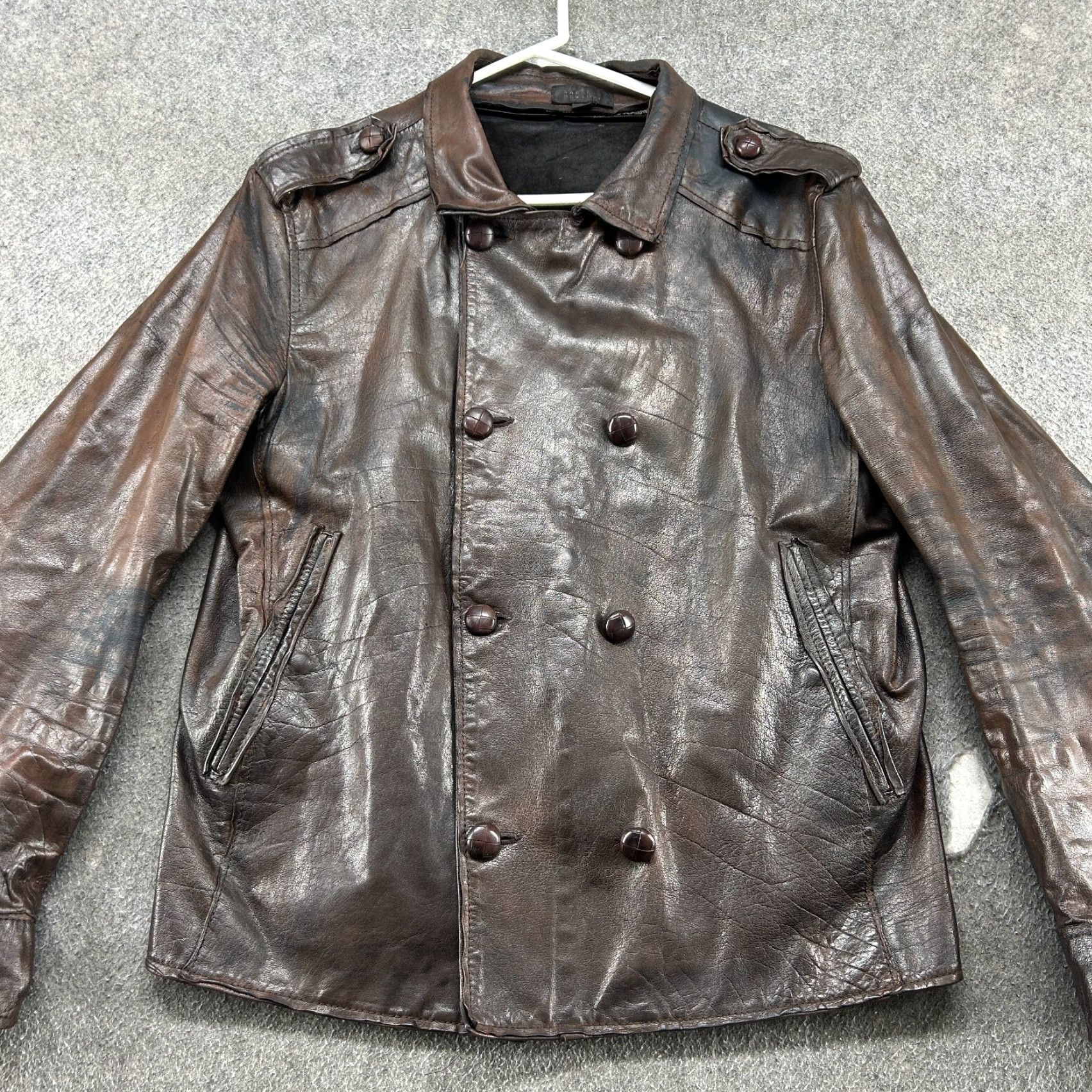 Vintage VINTAGE Barneys New York Coat Mens L Brown Leather Swedish Style WWII Heavy Patina Italy Leather Lined Pea Coat 90s Mens Size US L / EU 52-54 / 3 - 4 Thumbnail