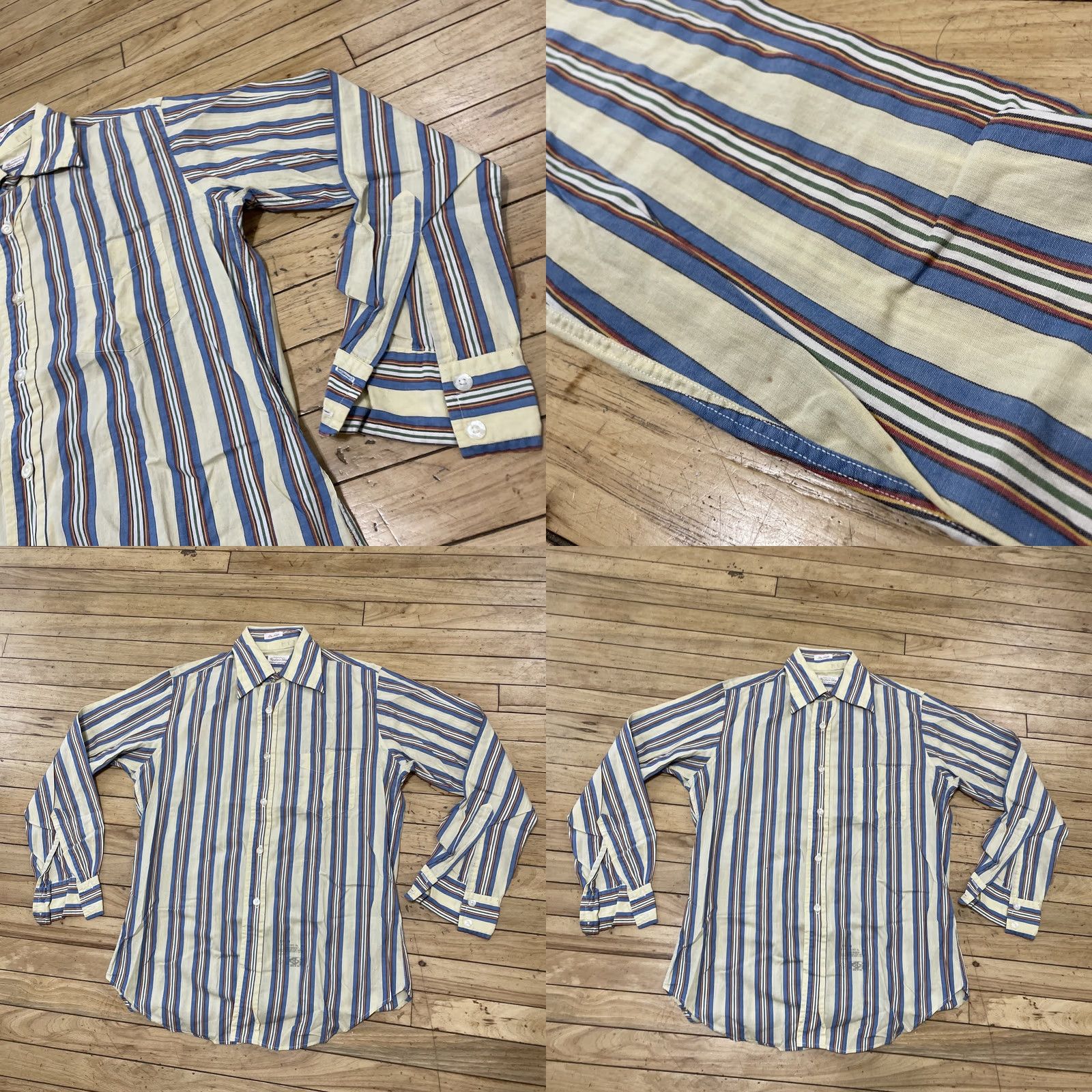 Gant VINTAGE GANT Shirt Regular 15.5 34 Blue Yellow Cream Green Striped Button-Up Western Cowboy 70s 90s Bohemian Grandpa Point Collar USA Mens Size US L / EU 52-54 / 3 - 11 Thumbnail