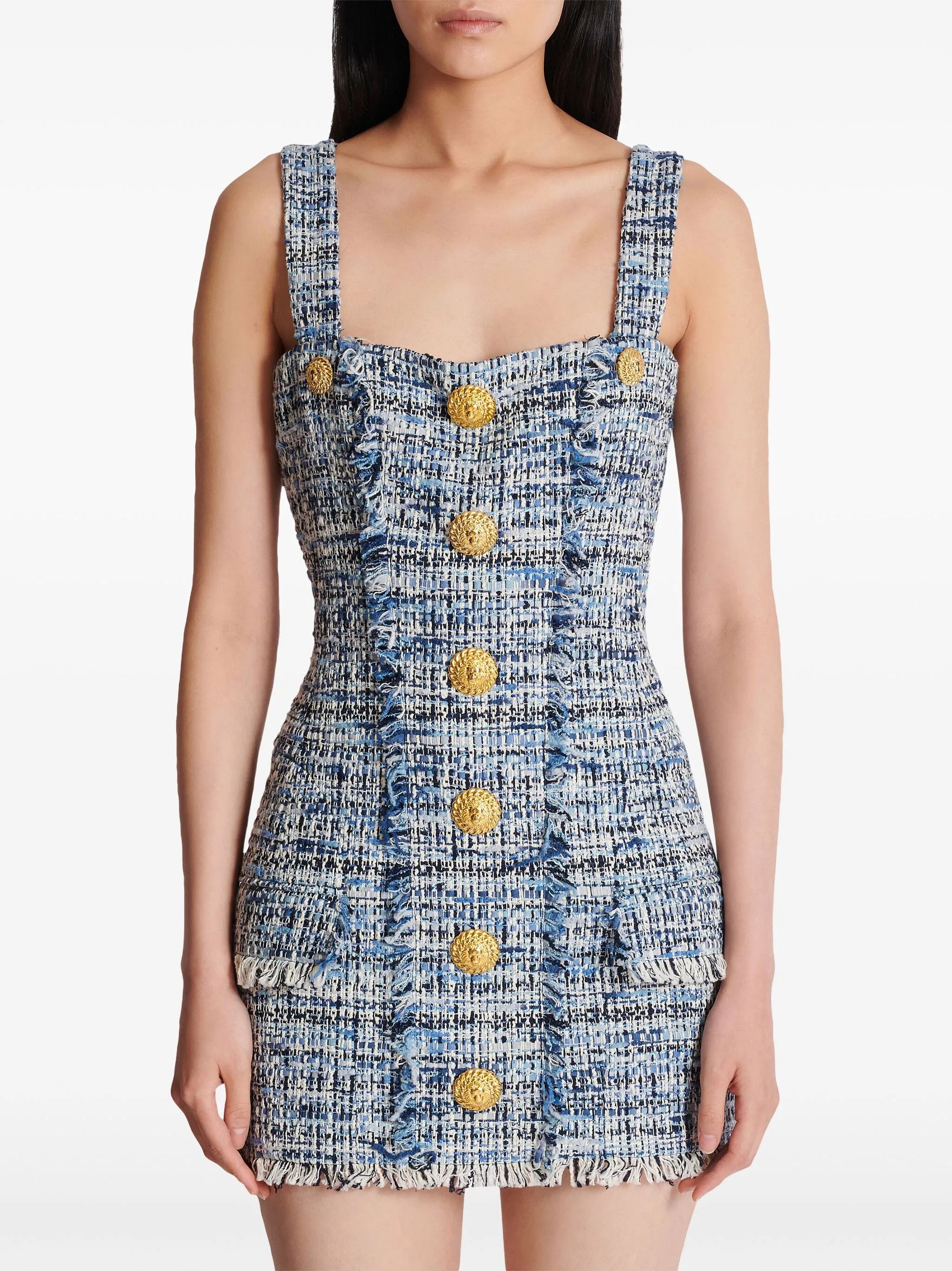 Balmain o1srvl11e1125 Tweed Mini Dress in Blue/Grey Size XS / US 0-2 / IT 36-38 - 5 Thumbnail