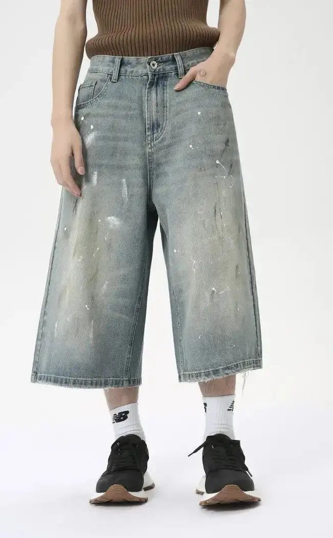 Japanese Brand Design Loose Baggy Washed Blue Wide Leg Shorts y2k Size US 33 - 1 Thumbnail
