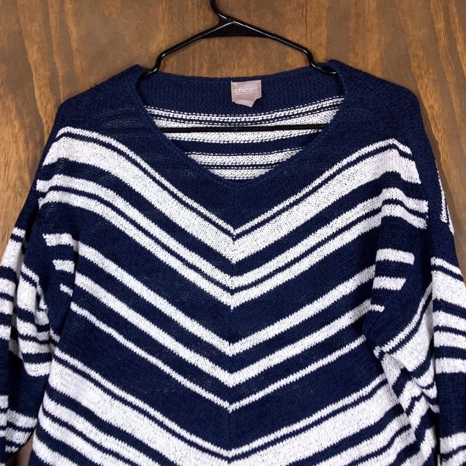 Vintage Chicos Womens Sweater Navy Blue White Chevron Boat Neck Long Sleeve M Crew Pullover Knit Casual Womens Size M / US 6-8 / IT 42-44 - 2 Thumbnail