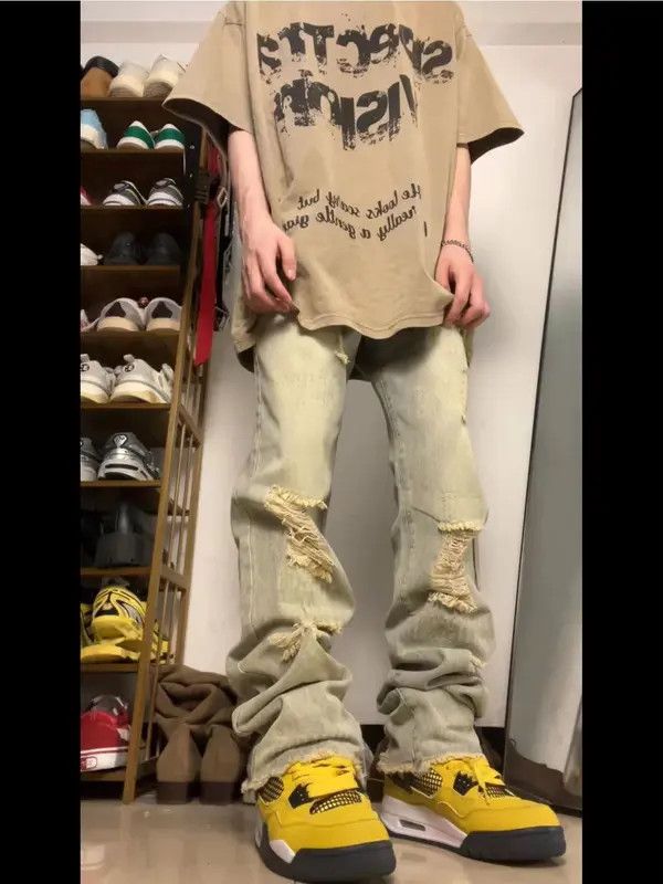 Japanese Brand VIBE Retro yellow mud-dyed ripped raw edge denim trousers Size US 32 / EU 48 - 6 Thumbnail