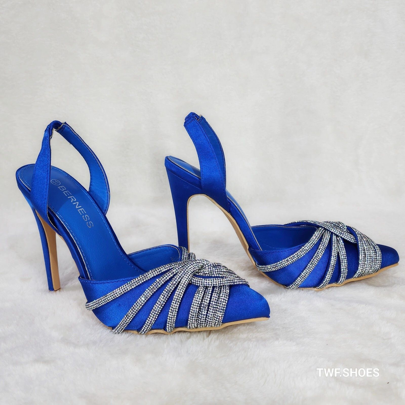 Other Elegance Slip on Slingback Blue Satin Rhinestone Pointy Toe Size US 7.5 / IT 37.5 - 2 Thumbnail