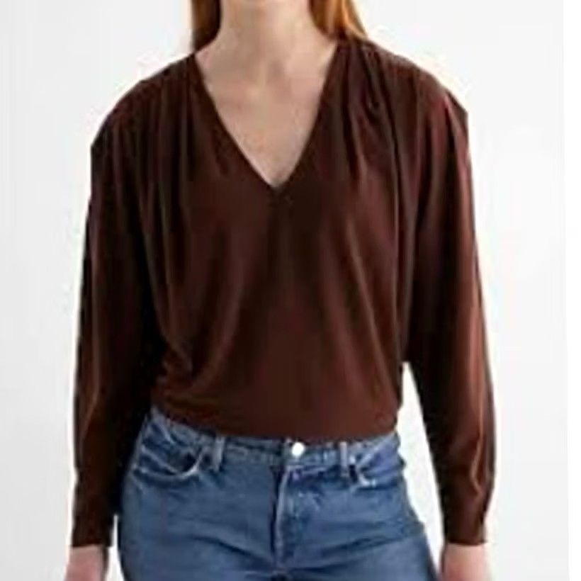 Express Express Blouse Shirt Womens XL Brown V-Neck Long Sleeve Pleated Shoulder Top Size XL / US 12-14 / IT 48-50 - 2 Thumbnail