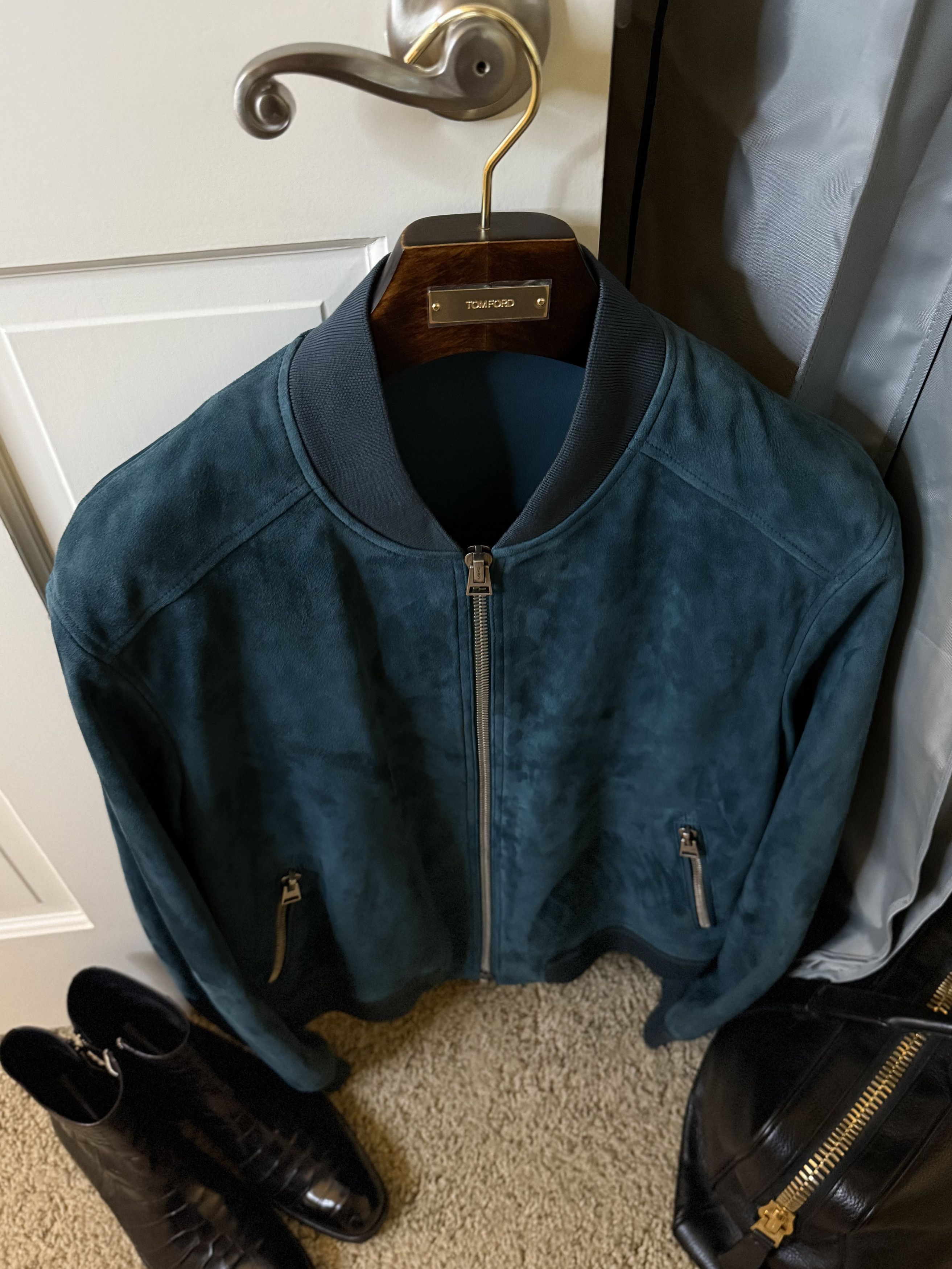 Tom Ford Coveted Rare $7,600 w/tax Cerulean Suede Bomber Jacket Size US XL / EU 56 / 4 - 12 Thumbnail